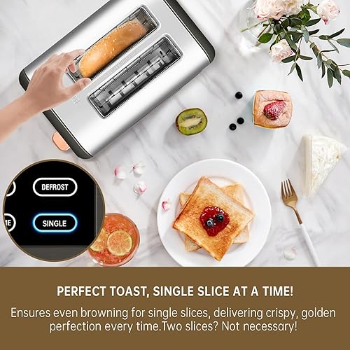 Miniatura 5 de SEEDEEM Tostadora de 2 rebanadas, pantalla táctil real con pantalla LCD, función de una sola rebanada, tostadora de acero inoxidable, calentamiento