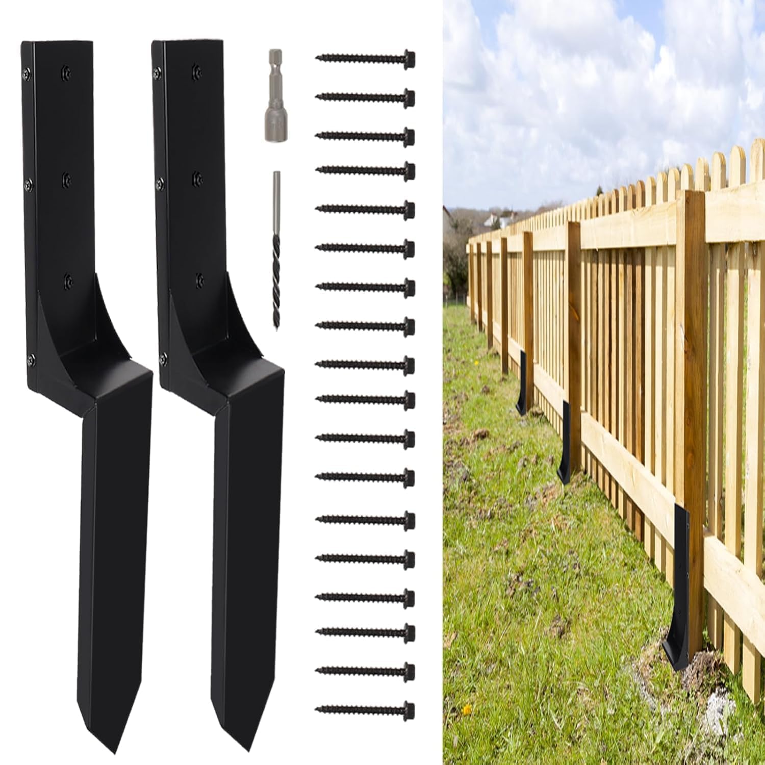 2 Pack Fence Post Repair Kit, Heavy Duty Steel for Leaning Wood Fences