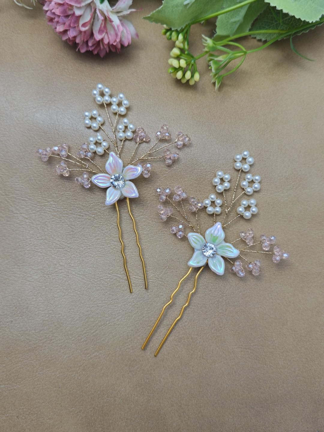Bridal Pearl Hair Pins with Crystal Flowers, Iridescent White and Pink, Bridal Hair Accessories, Wedding Hair Pin set for women and girls Bridal Pearl Hair Pins with Crystal Flowers, Iridescent White and Pink, Bridal Hair Accessories, Wedding Hair Pin set for women and girls