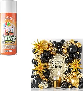 LOOLEY 7 fl.oz Balloon Shine Spray, 137Pcs Black and Gold Balloons Garland Arch Kit with Stars for Party and Event Decorations