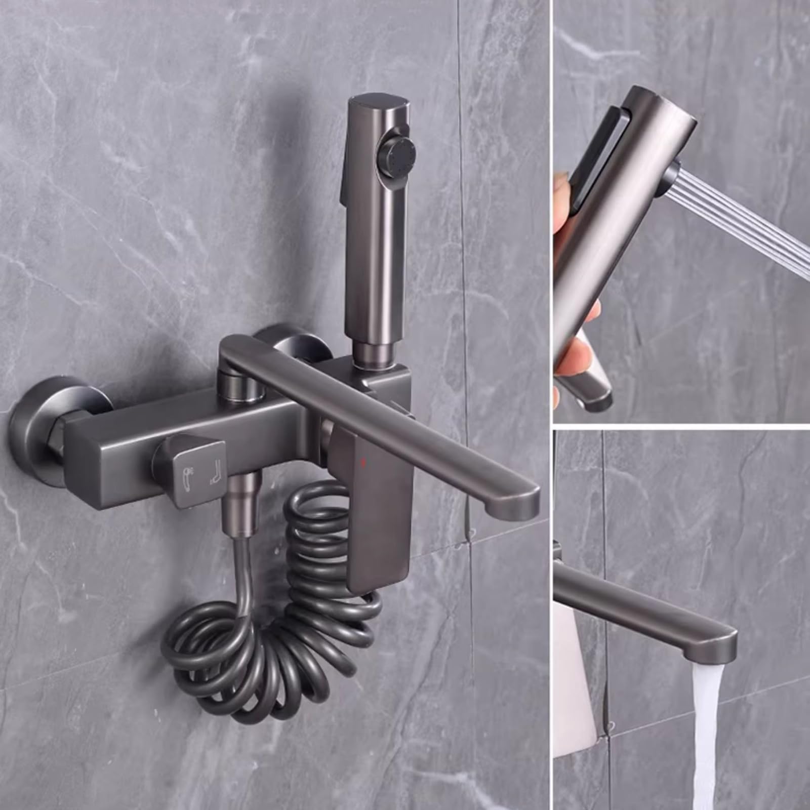 Grifo de Fregadero de Pared Latón con Pistola Rociadora Grifo Cocina Mezclador con Caño Giratorio 2 Orificios,Gris,20Cm