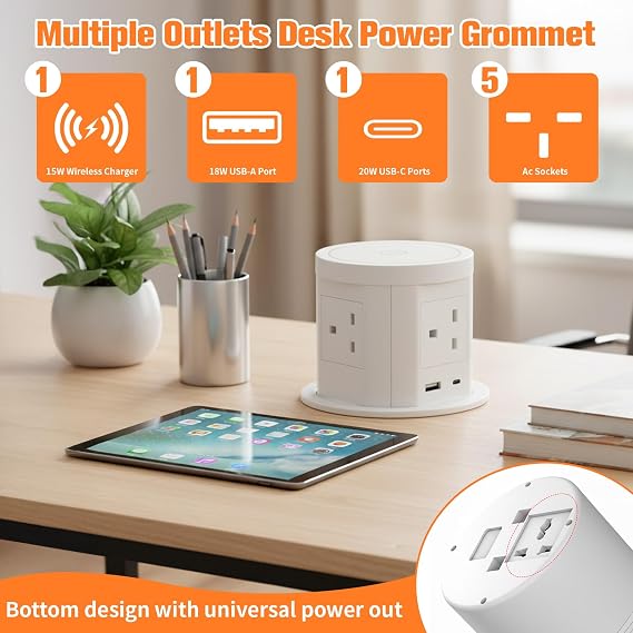 Pop up Sockets for Kitchen Worktops with 15W Wireless Fast Charger, Touchscreen Automatic Pop up, 5 x UK Plugs 1x USB & 1x 20W Type C Port for Home Office Kitchen Worktops Desktop