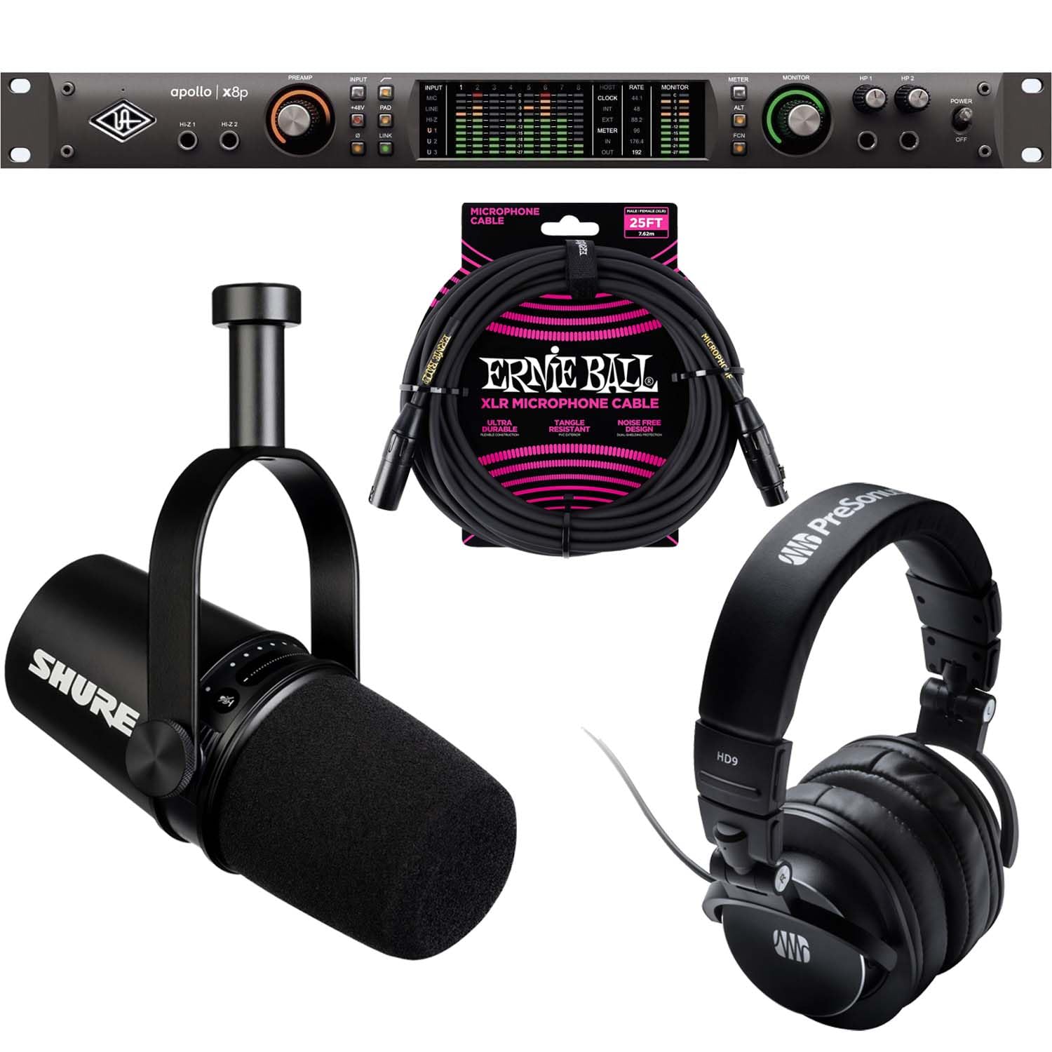 Universal Audio Apollo x8p, Shure MV7 Mic, Presonus HD9, ErnieBall XLR Cable Bundle