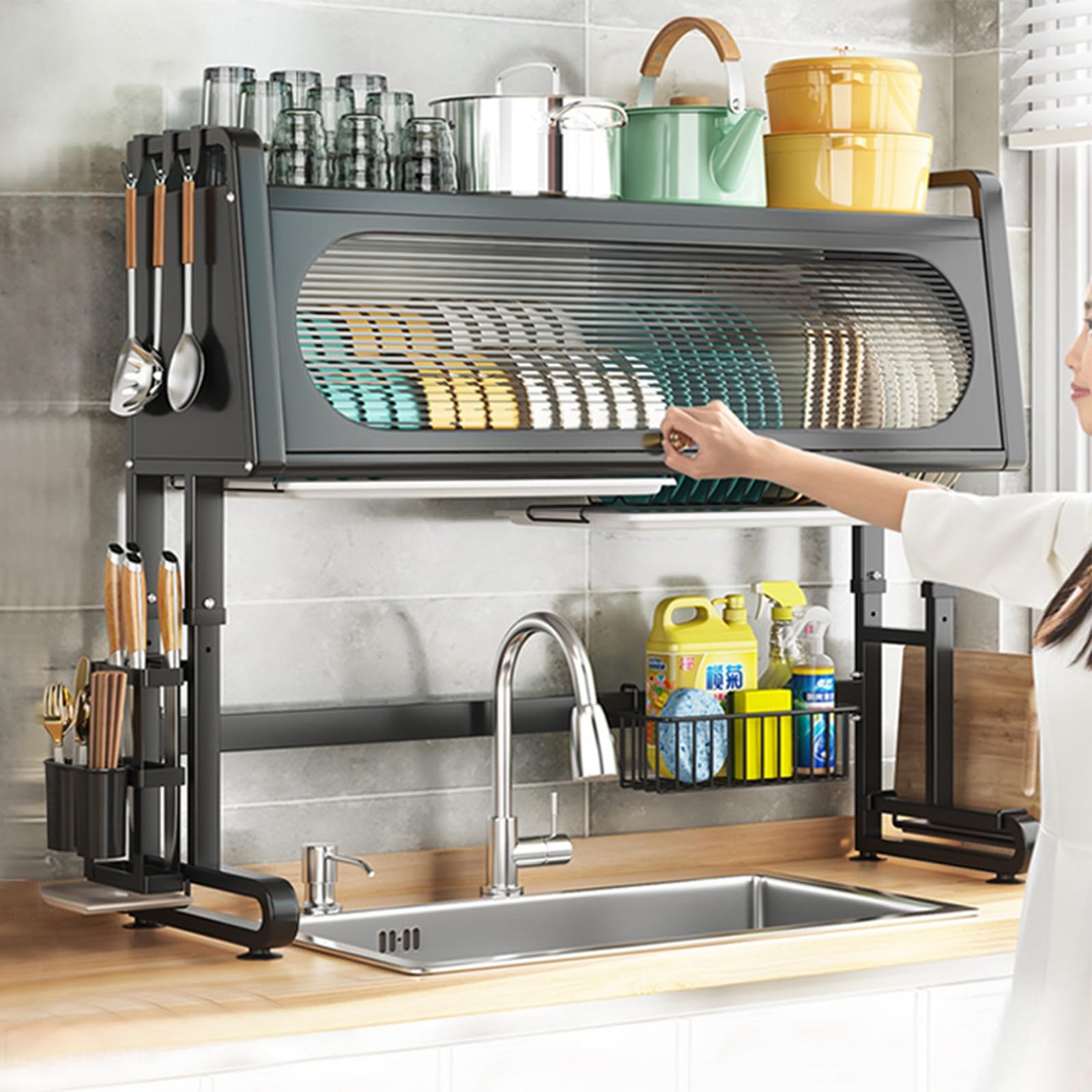 dish drainer rack, Large Metal Dish Dryer Rack with Cover(Svart,97cm)
