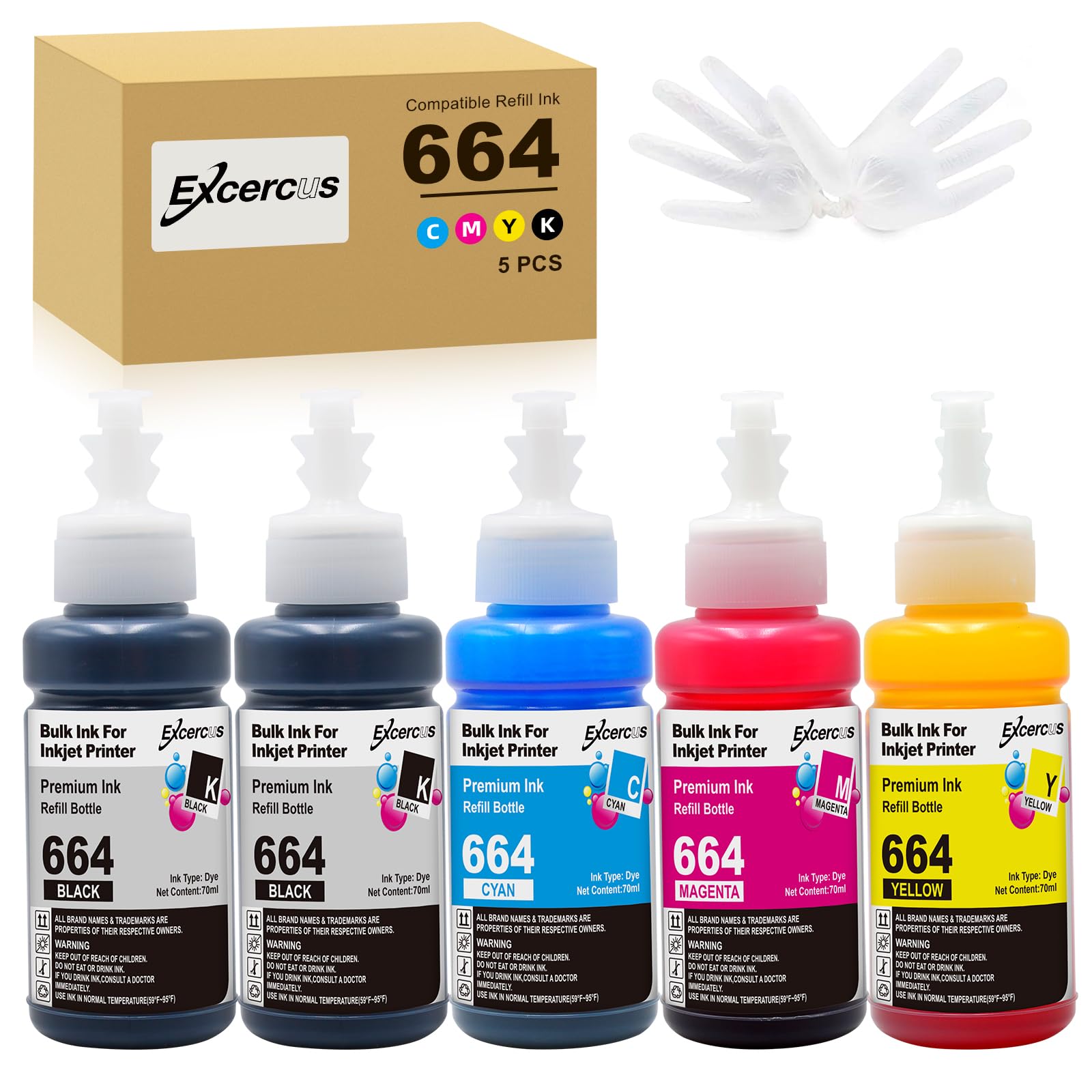 EXCERCUS 70ml Compatible Ink Bottle Replacement for 774 664 T774 T664 Work with ET-2650 ET-16500 ET-4500 ET-2550 ET-3600 ET-2600 ET-4550 (2Black/Cyan/