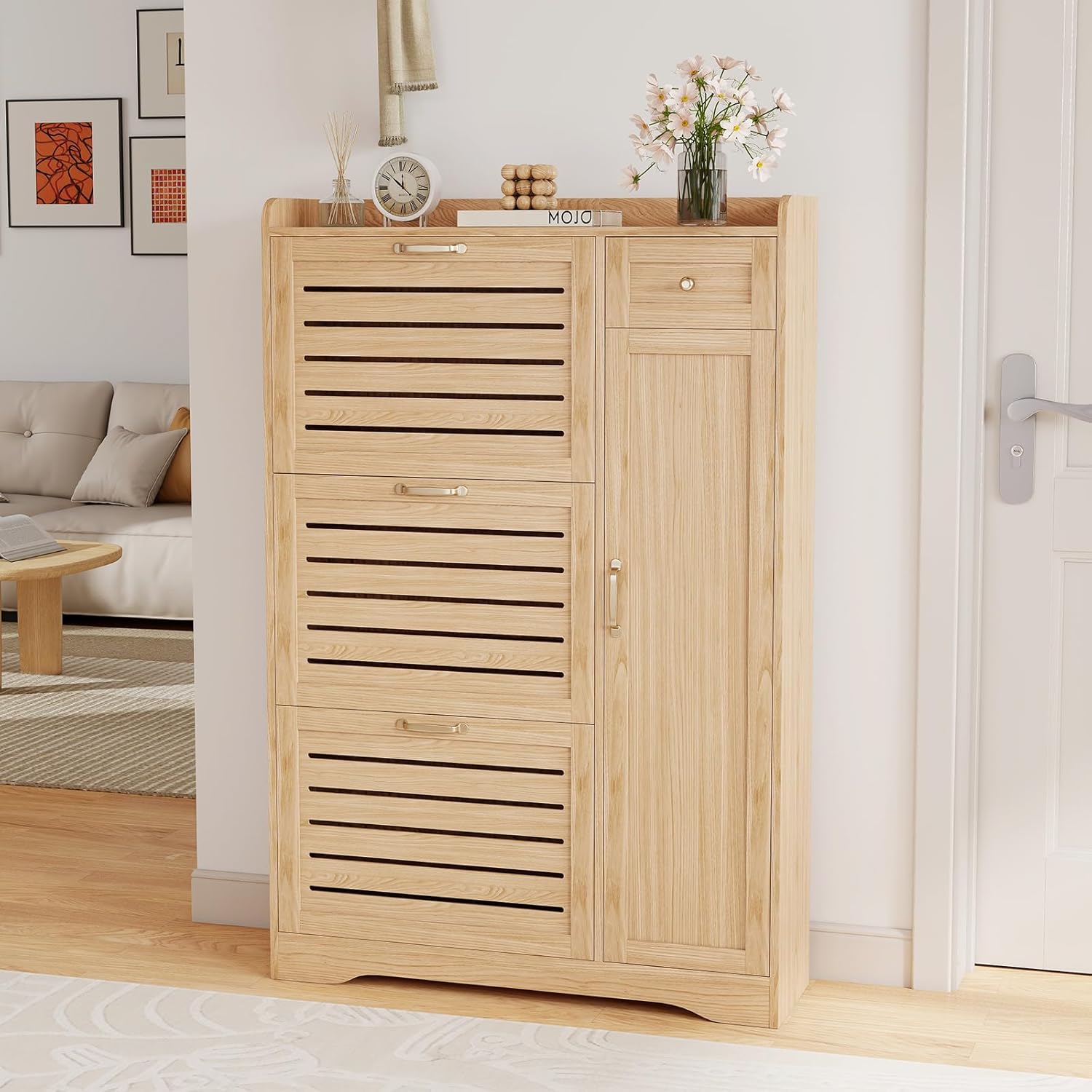 Narrow Shoe Cabinet Storage for Entryway, Hidden Shoe Rack Cabinet with Doors, 3 Flip Drawers & Adjustable Shelves, Thin Freestanding Boot Storage Closet Organizer, Ventilated Wood Design, Natural Oak