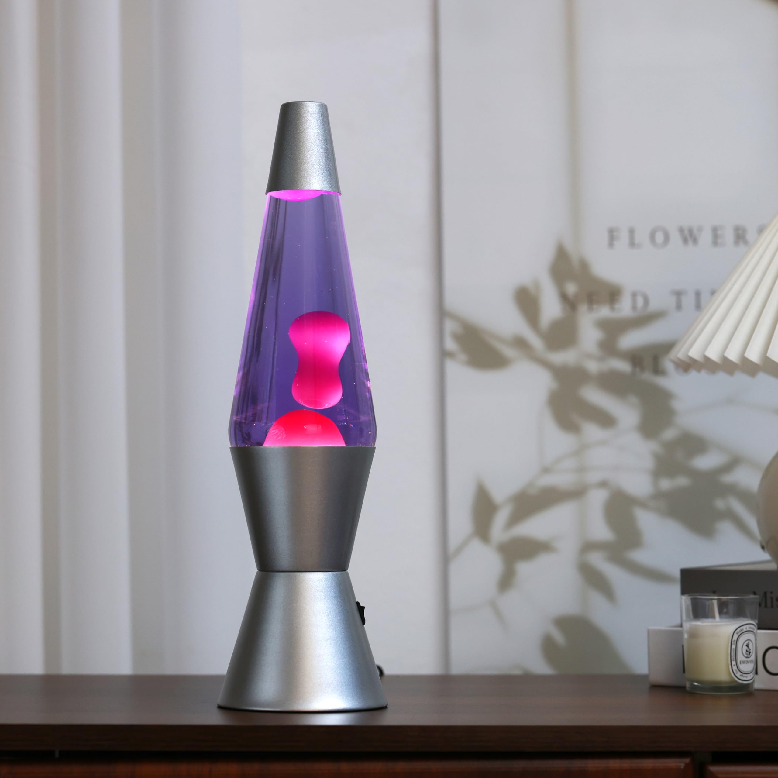 I-TOTAL® - Lampe à lave LED – Design moderne avec effet bulles fluides, basse consommation, lumière LED intégrée, 37 cm (Base Argentée Liquide Violet Cire Rose)