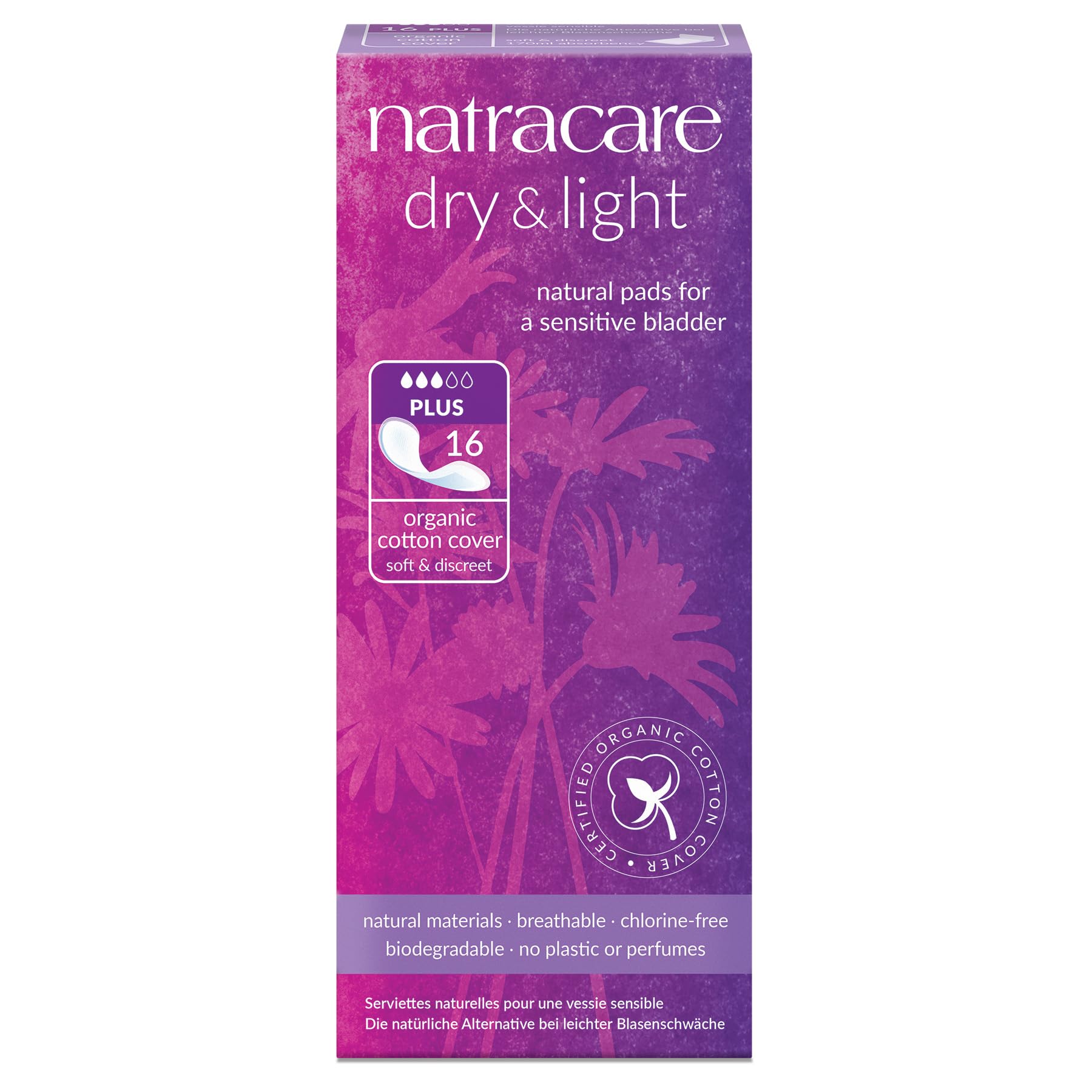 Dry & Light Natural Incontinence Pads for Light Bladder Weakness, 1 Pack of 16 Pads