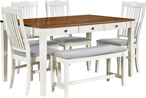 Miniatura 5 de SOFTSEA Juego de mesa de comedor rústica de 6 piezas, mesa de cocina de madera maciza con 4 sillas tapizadas y banco, juego de comedor rústico con