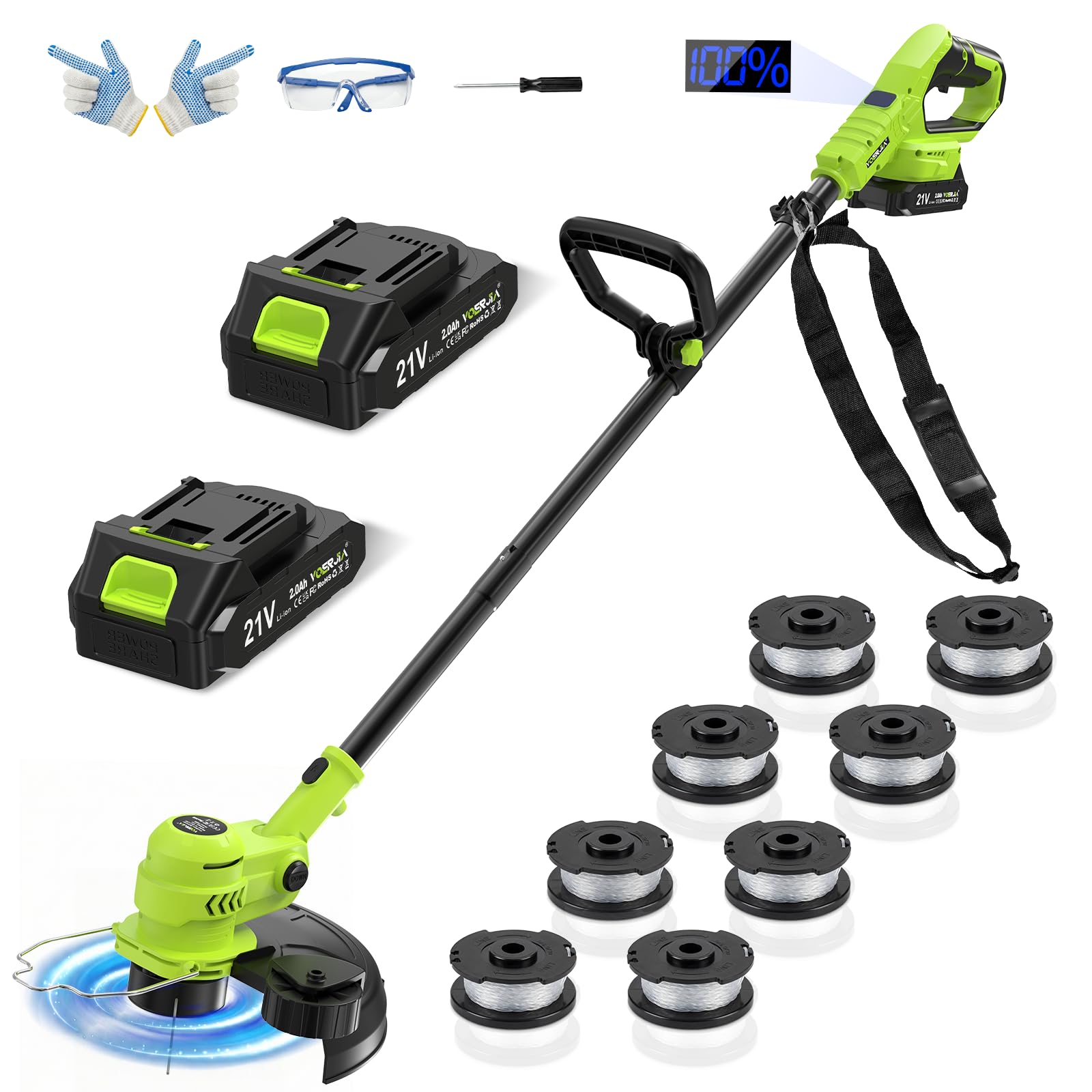 Photo 1 of VOERJIA 21V Battery Weed Eater & String Trimmer, Lightweight 2-in-1 Electric Weed Wacker, Wheeled Edger with 2X 2.0Ah Batteries & Charger, 12-inch Auto Line Feed, 90° Adjustable Head & 8 Spools