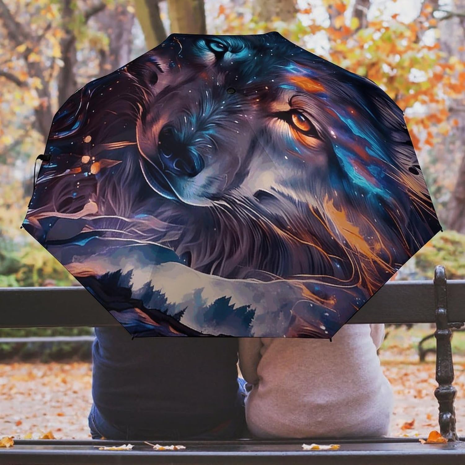 Starry Wolf Golf Umbrellas-2 Fold Automatic,Windproof Umbrella with Portable,Strong,Folding Umbrella for Women Men