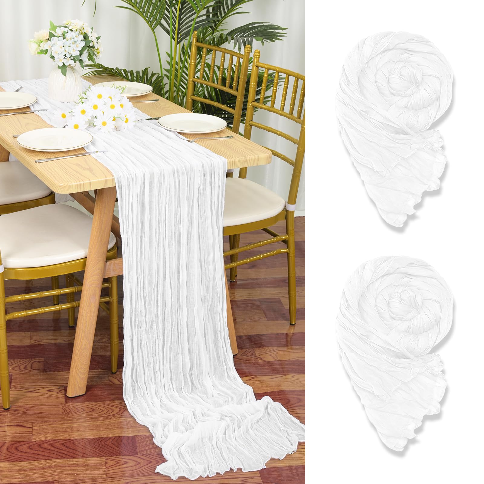 YMHPRIDE 2 Packs Cheesecloth Table Runner White, 55x300cm Rustic Gauze Fabric Boho Table Runner, Cheesecloth Wedding Table Decor for Wedding Party Bridal Shower Table Decorations