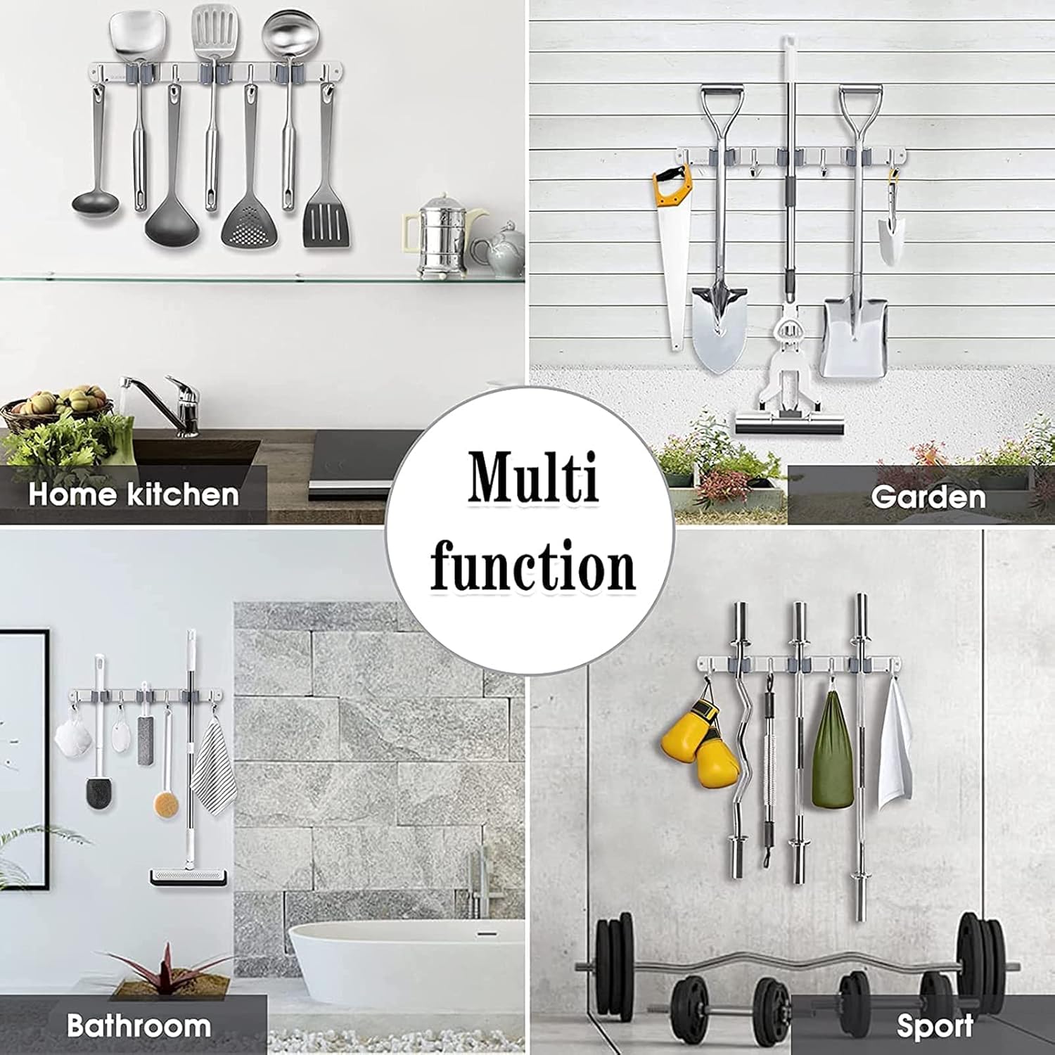 2 Packs Broom and Mop Holder Wall Mounted Garage Organizer Storage Tool Racks Heavy Duty Stainless Steel Mop Holder 4 Hooks 3 Clips, Holds up to 14 Tools for Laundry Room Garden Garage Closet Kitchen - - 