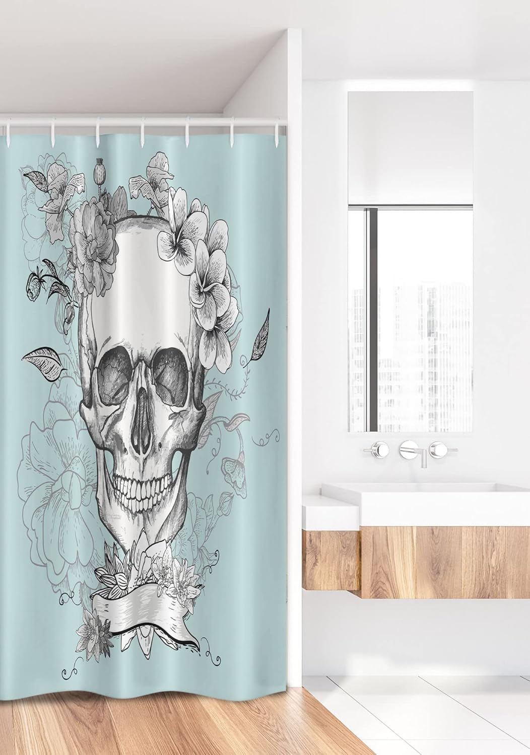 Ambesonne Grunge Stall Shower Curtain, Skull and Flowers Day of The Dead Mexican Traditional Celebration Symbolic Art, Fabric Bathroom Decor Set with Hooks, 36" W x 72" L, Turquoise Grey