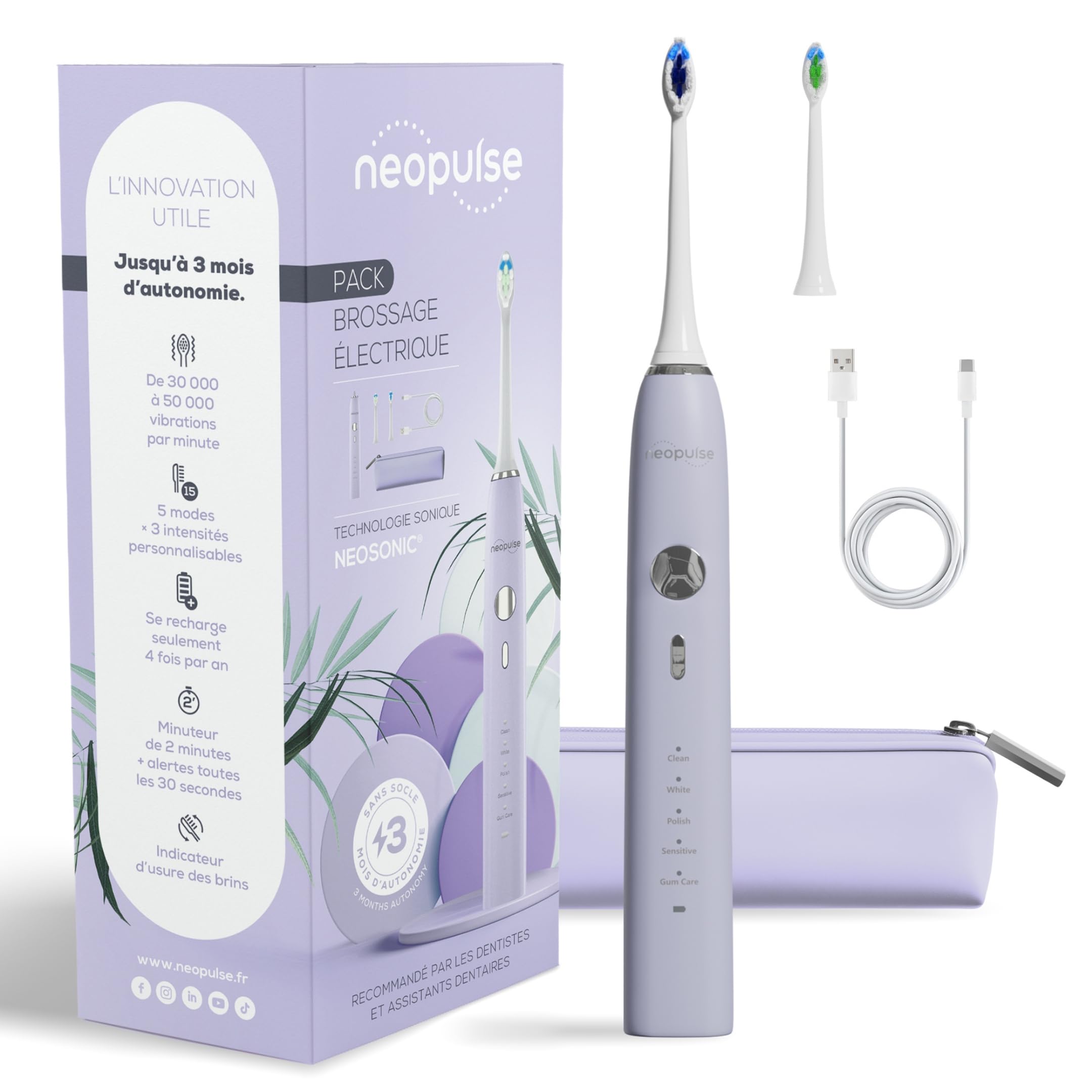 NEOPULSE NEOSONIC® Schallzahnbürste – 5 Reinigungsmodi & 15 Intensitätsstufen – Akkulaufzeit 3 Monate – 2-Min Timer – USB-C Aufladung – 2 Bürstenköpfe – Violett