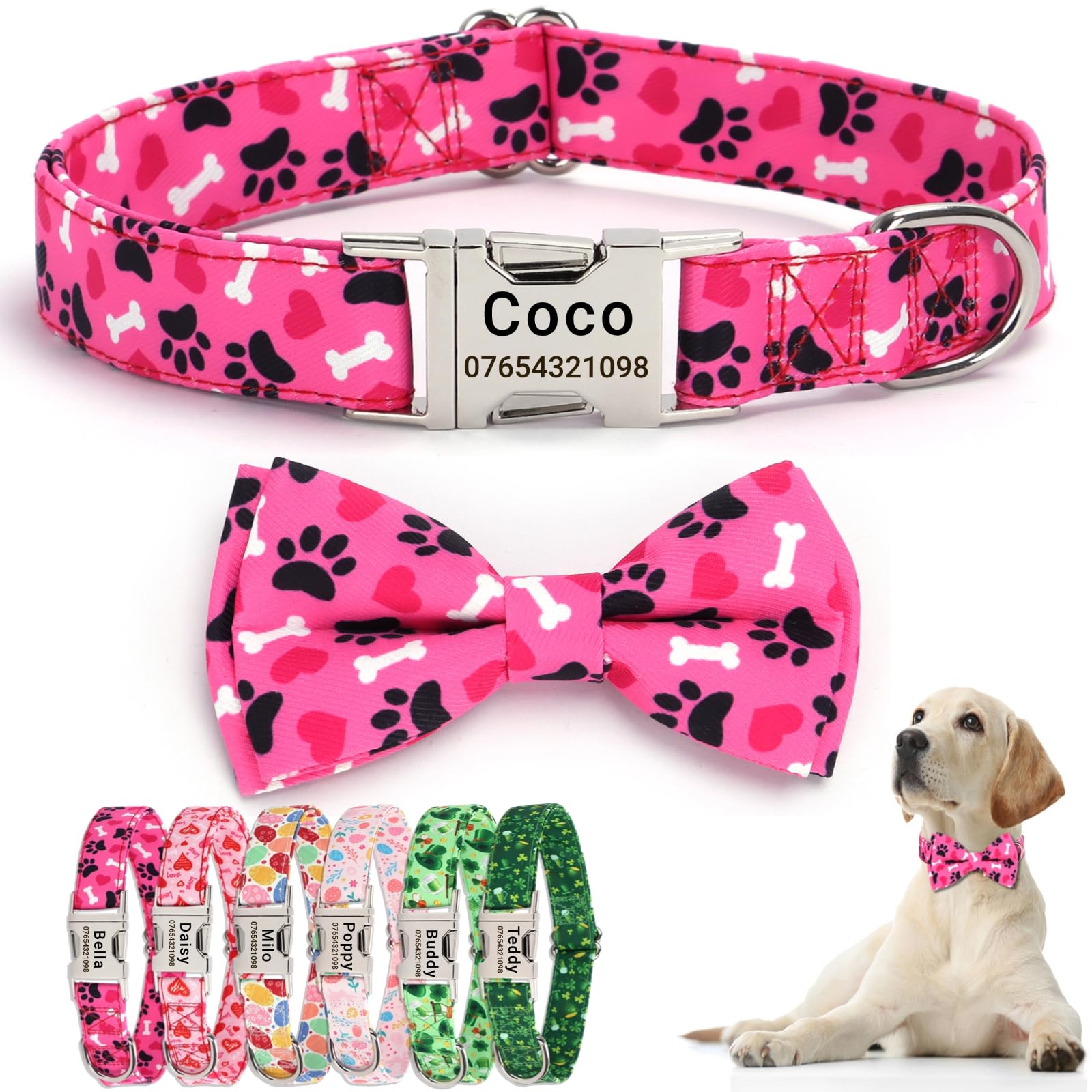 SEOUGEE Valentine's Day Dog Collar Personalised with Bowtie, Adjustable Soft Cotton Dog Collars with Custom Engraved Metal Buckle Name Phone Number for Large Dogs (Pink Paws, L:Neck 40-60cm)