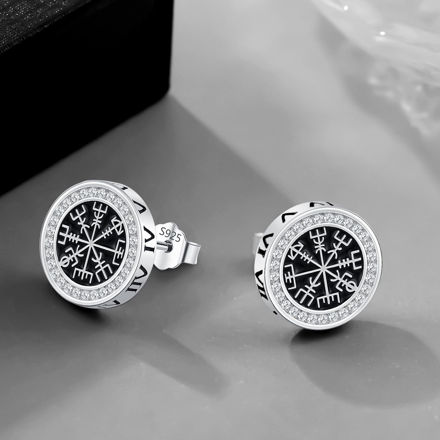 Wikinger Ohrringe Herren, S925 Silber Ohrstecker Herren,Viking Rune Ohrringe Hypoallergen Schwarze Punk Gothic Ohrstecker Schwarzer Schmuck Geschenke für Damen Männer