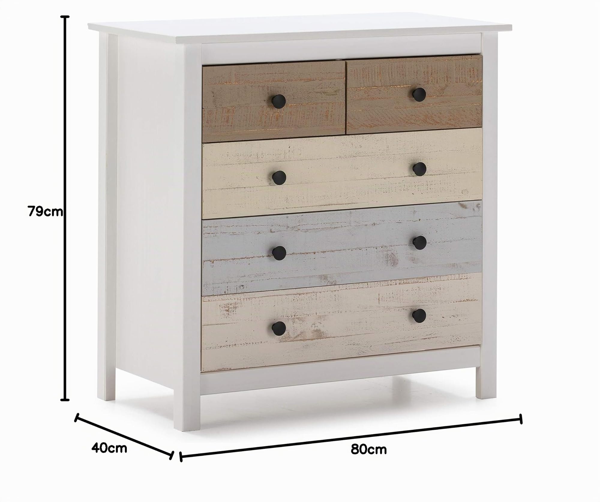 VS Venta-stock Cassettiera Magda Bianco con 5 cassetti di diversi colori, realizzato in pino massiccio