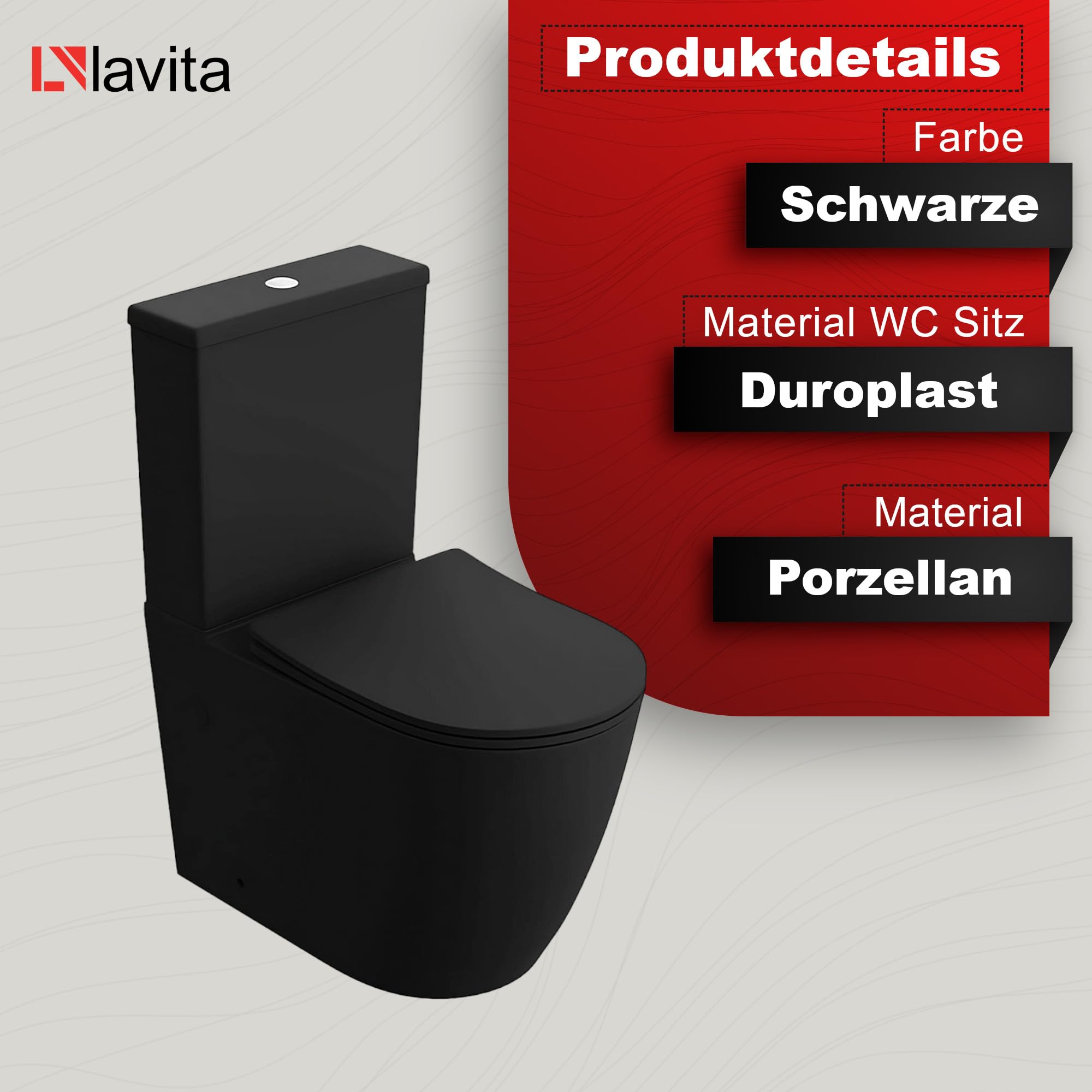 LAVITA Einteilige Stand-WC mit eingebautem Spülkasten NAUTILIUS BLACK WC deckel mit Absenkautomatik Keramik Toilette Spülrandlos Toilettenschüssel Toilettenbecken Stehend + WC-Anschlussstück