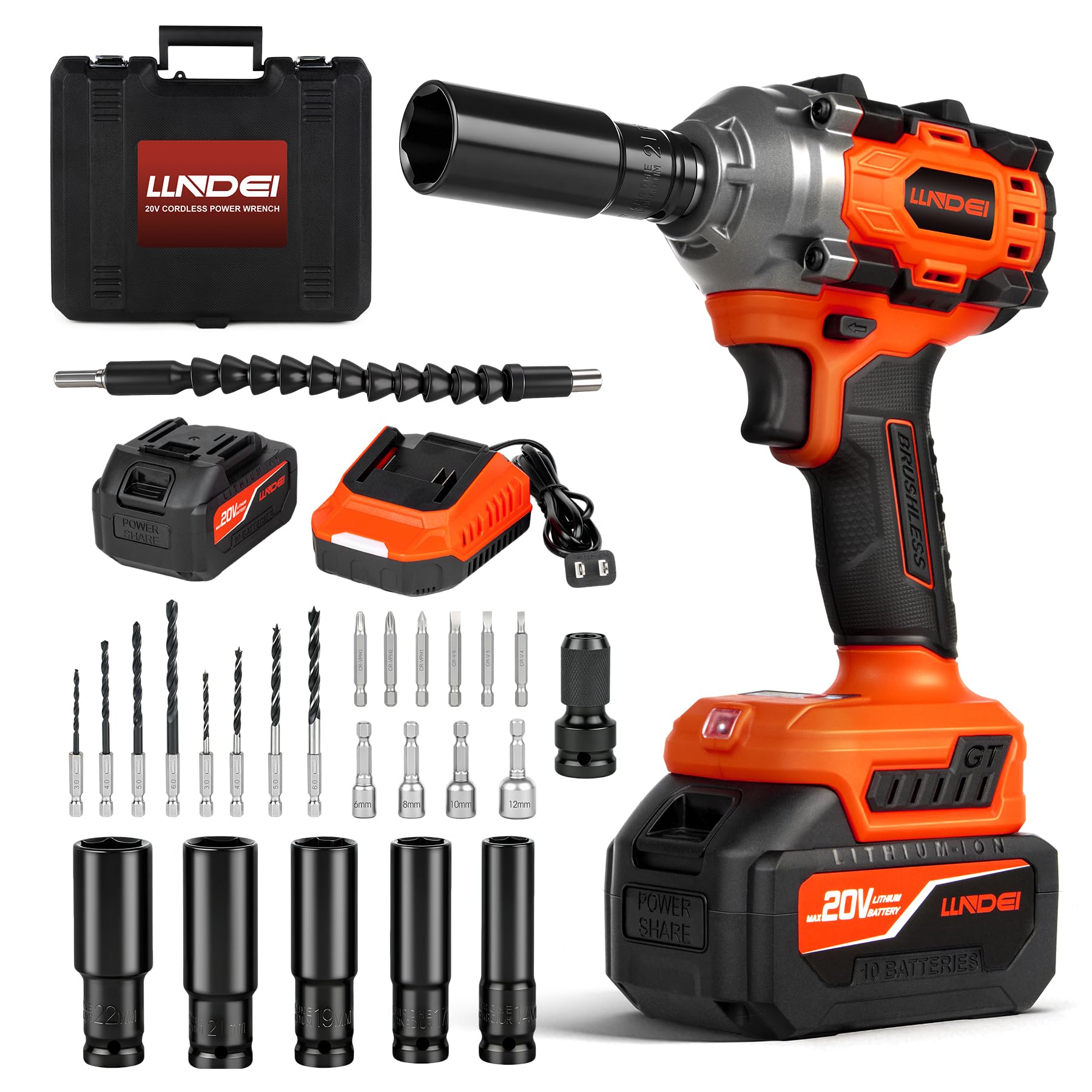 LLNDEI Cordless Impact Wrench 1 2 Inch Power Impact Gun Kit Max 550N M 405Ft-lbs Hich Torque Electric