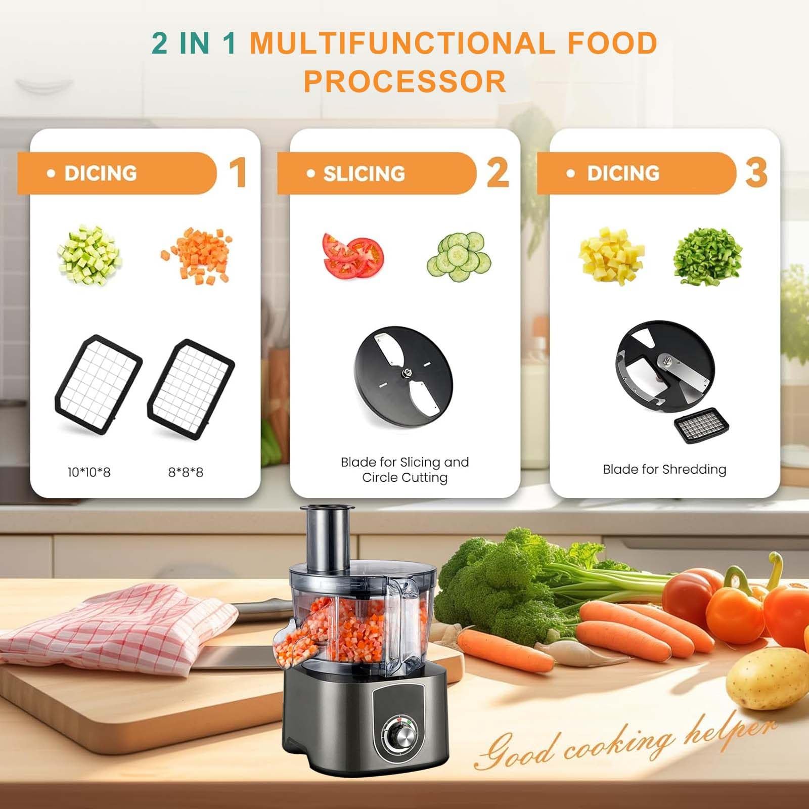 Cortador y Picador de Verduras, Máquina Eléctrica de Procesamiento de Verduras y Frutas con 2 Velocidades Ajustables, Cuchilla de Rejilla Extraíble, Bol de Trabajo de 1.32 GAL (5L) (Red)