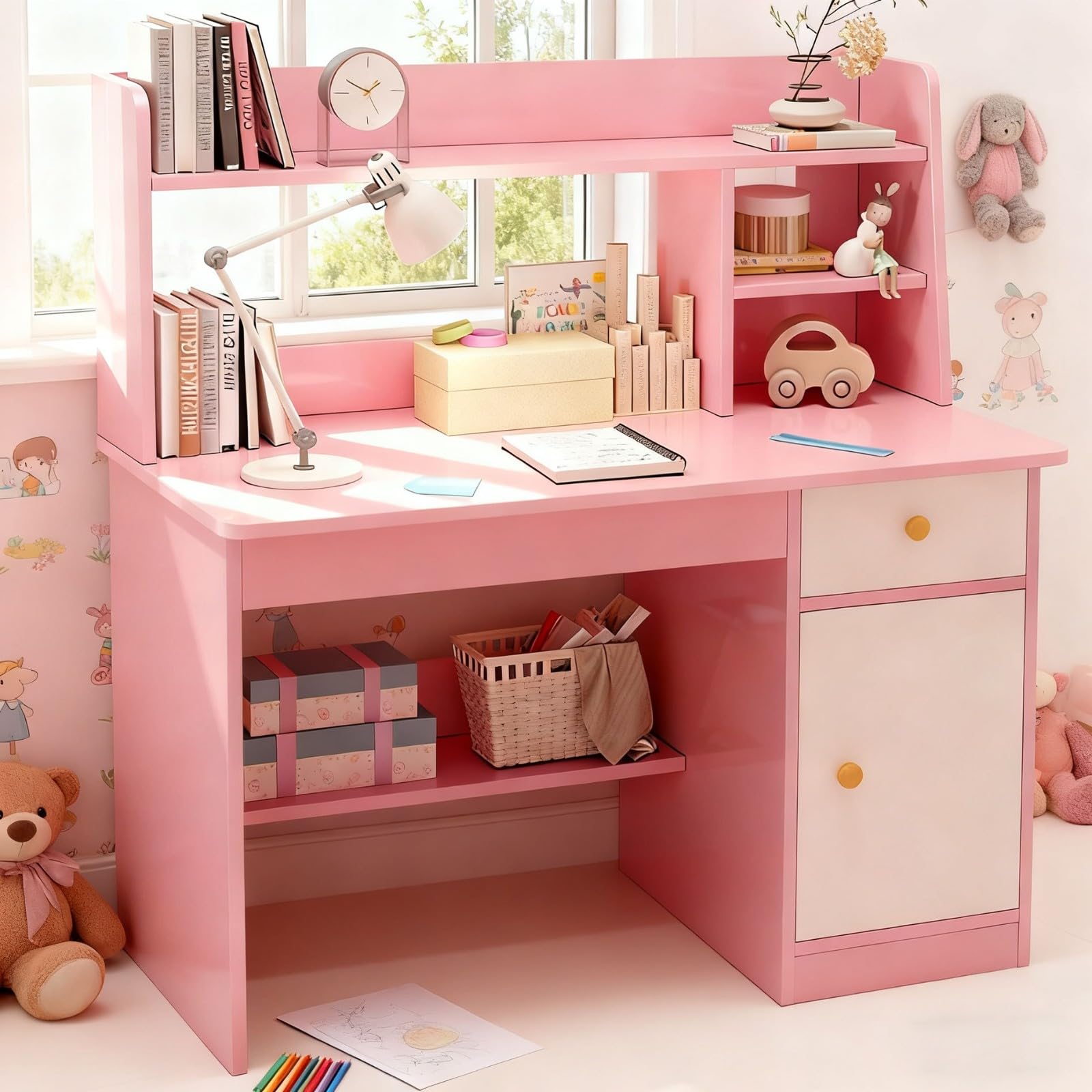 Scrivania In Legno con Ripiani Armadietto Cassetto Tavolo Scrivania per Bambini 3-12 Anni Banco Scuola per Ragazzi In Legno per Cameretta Sala Studio A