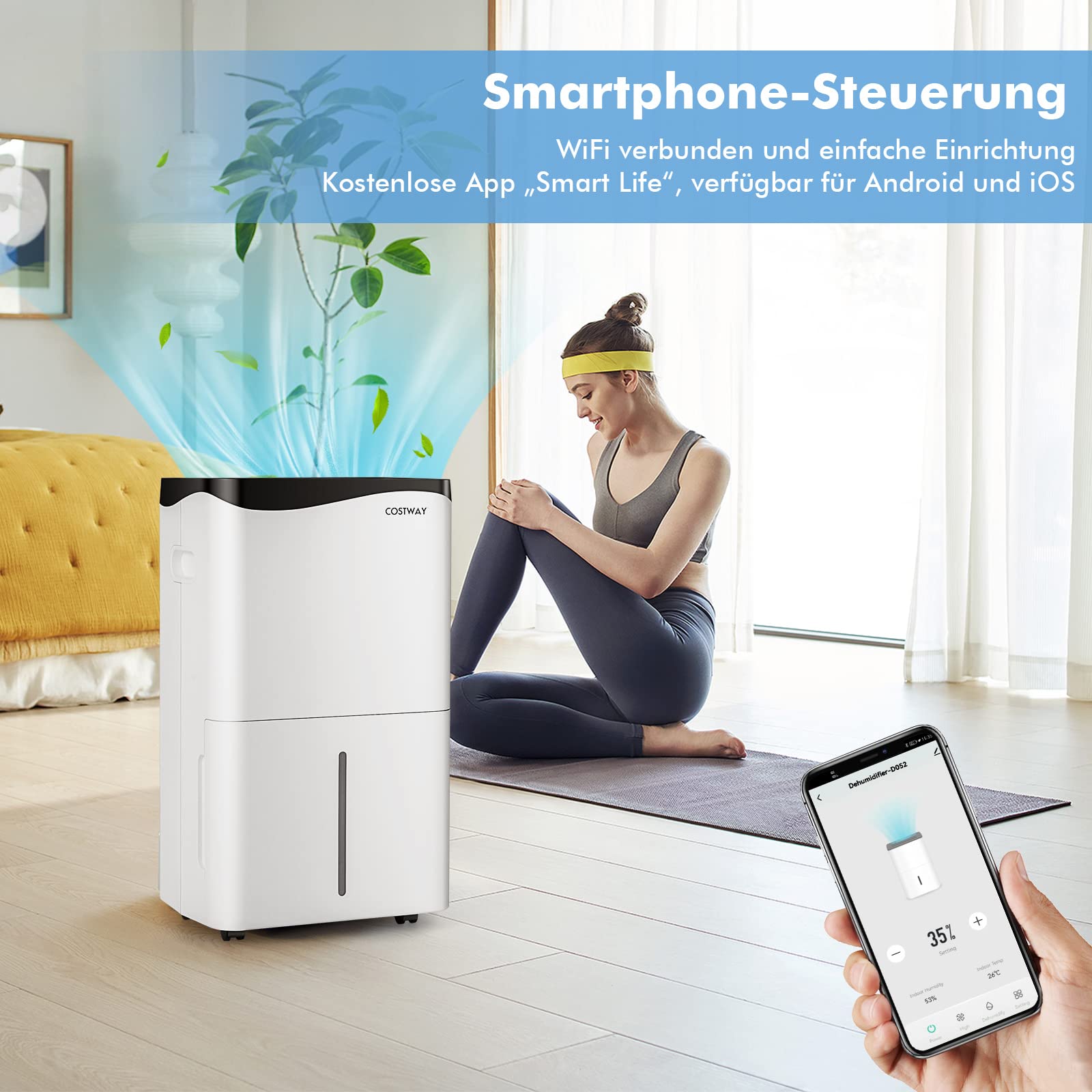 COSTWAY Suszarka budowlana 50 l/dzień, 4 tryby, inteligentny osuszacz powietrza z timerem 24 h, wentylatorem i trybem uśpienia, zbiornik na wodę 5 l i wąż odpływowy, z diodami LED, wielkość