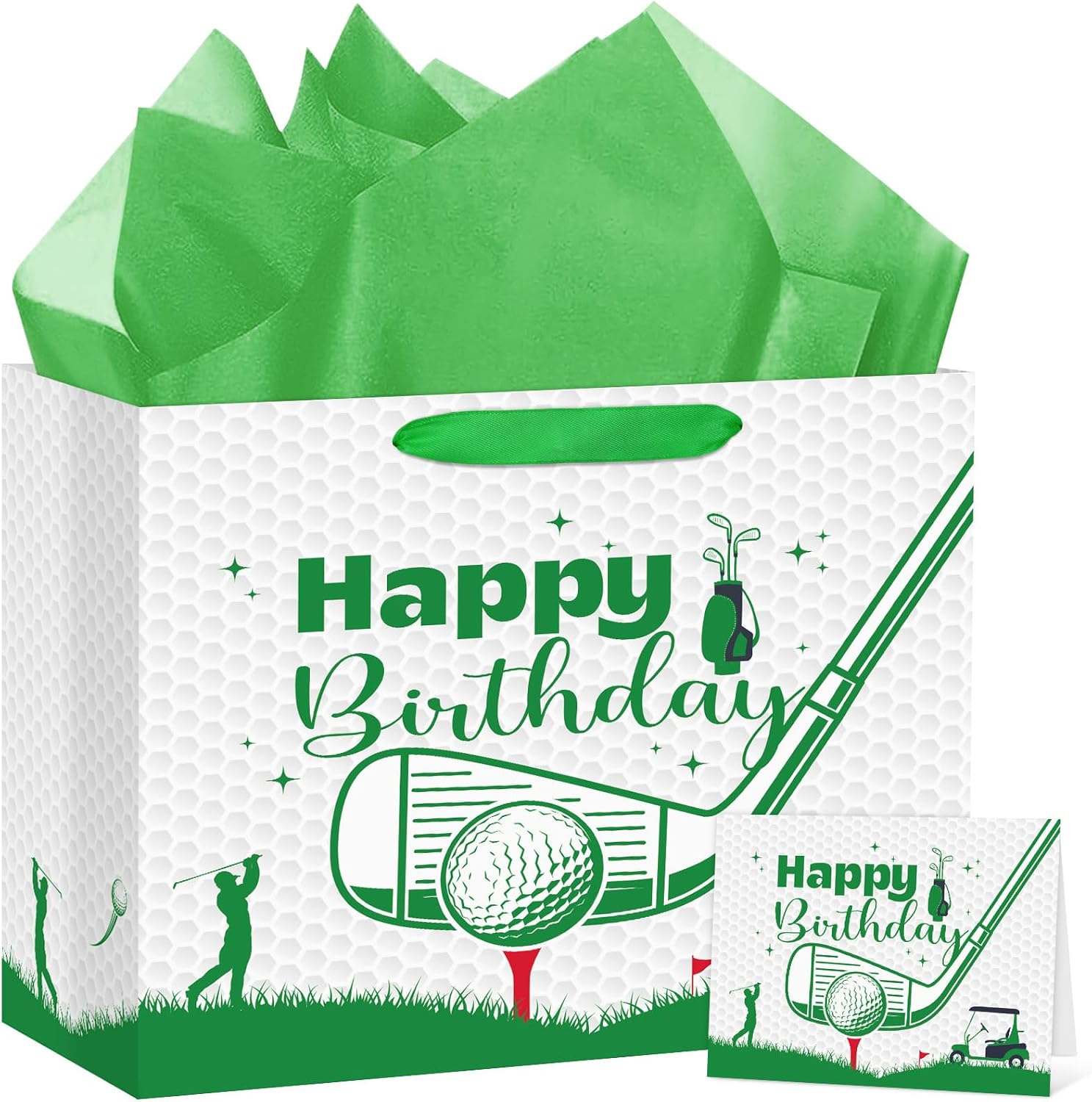Hooqict Golf Gift Bag Happy Birthday Party Gift Bag with Handles, Wrapping Paper, Greeting Card for Boys Kids Men Golf Themed Birthday Decorations Sports Party Supplies