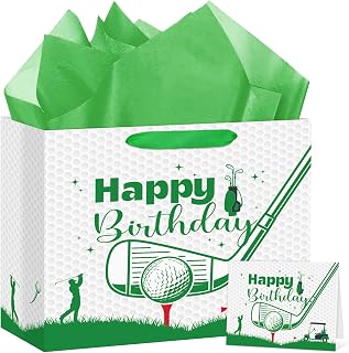 Hooqict Golf Gift Bag Happy Birthday Party Gift Bag with Handles, Wrapping Paper, Greeting Card for Boys Kids Men Golf Themed Birthday Decorations Sports Party Supplies