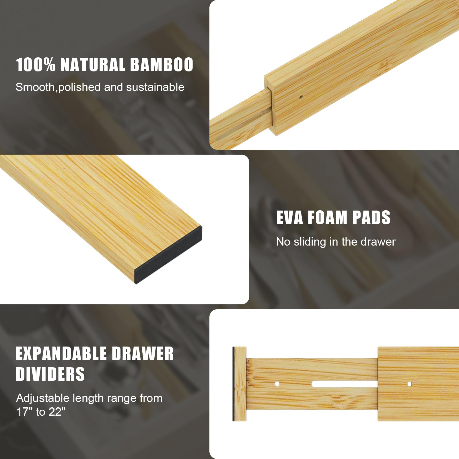 Divisori per cassetti in bambù, regolabili da 43,2 a 56 cm, organizer per cassetti da cucina, per vestiti, confezione da 8 separatori espandibili per organizzare i cassetti, per camera da