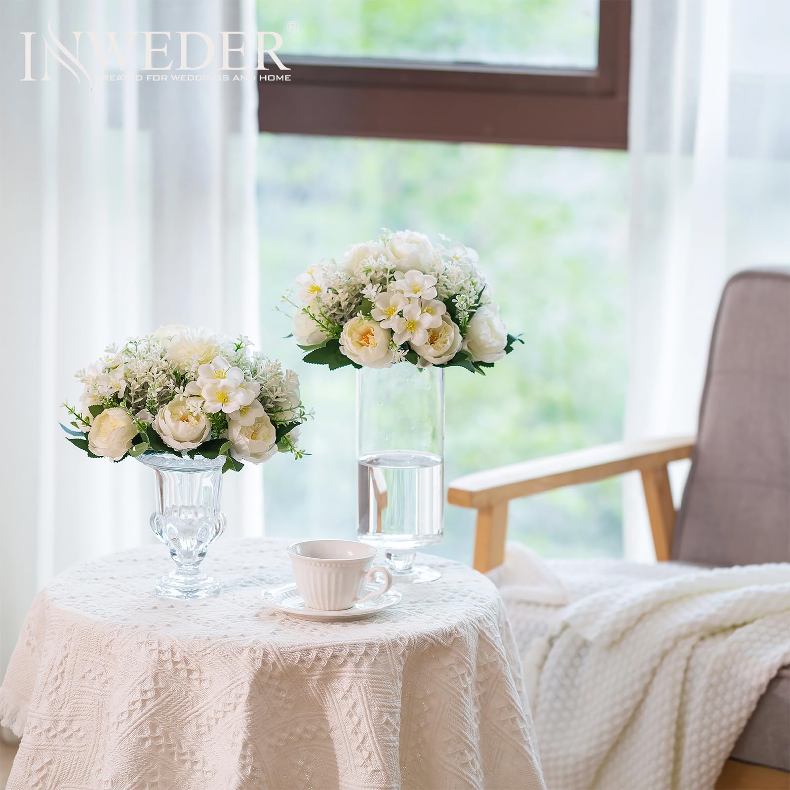 Flores Artificiales para Decoración de Bodas, Peonía Blanco, 10 Pcs | con Base, Ø 20cm, Seda Artificial, Bola de Flores para Centro de Mesa, Fiestas, Aniversarios, Decoración del Hogar