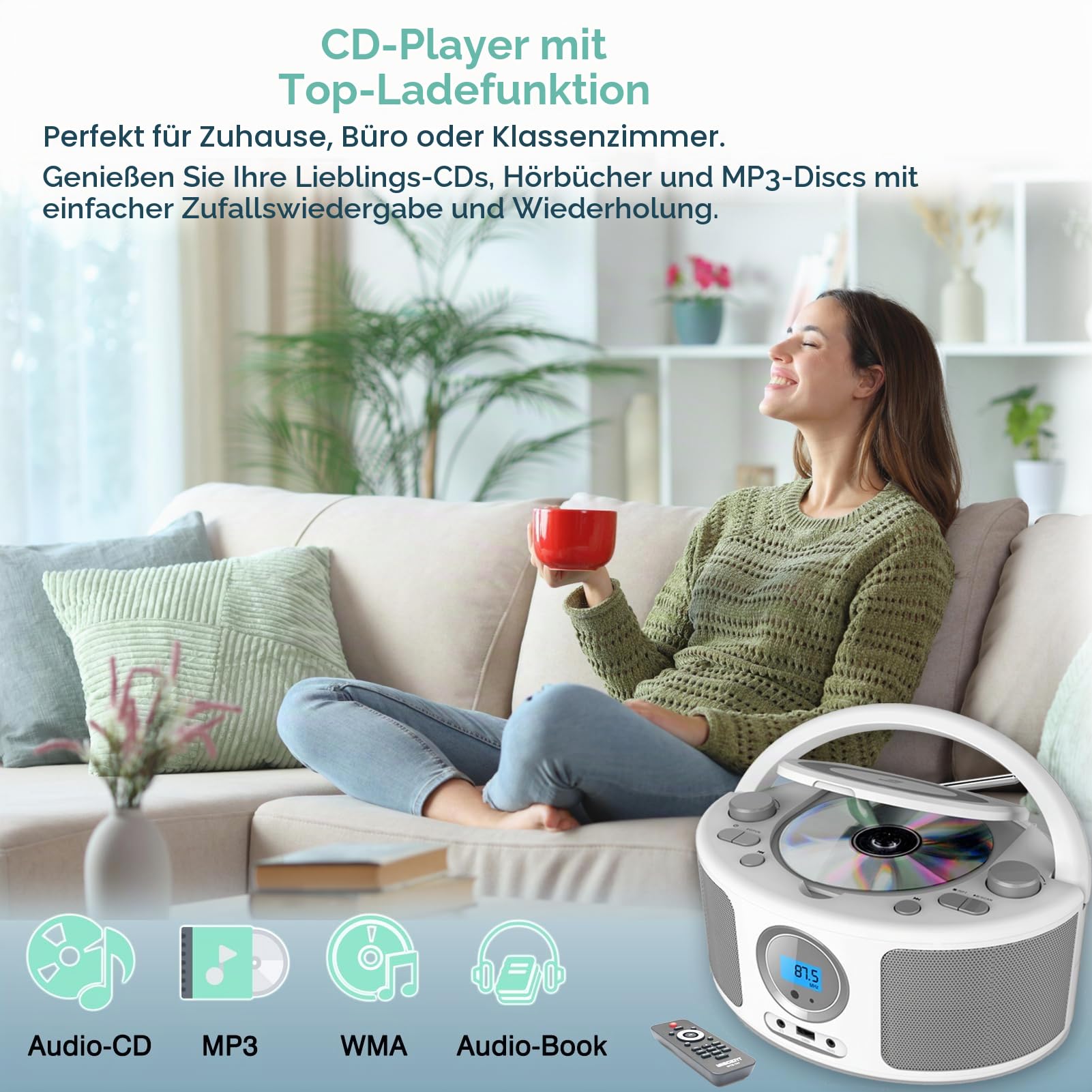 Tragbar CD Radio Boombox mit Bluetooth (CD-Player, Fernsteuerung, Bluetooth, UKW Radio, USB, AUX-In, 2 x 2 Watt RMS),Radio mit CD Player Stereoanlage