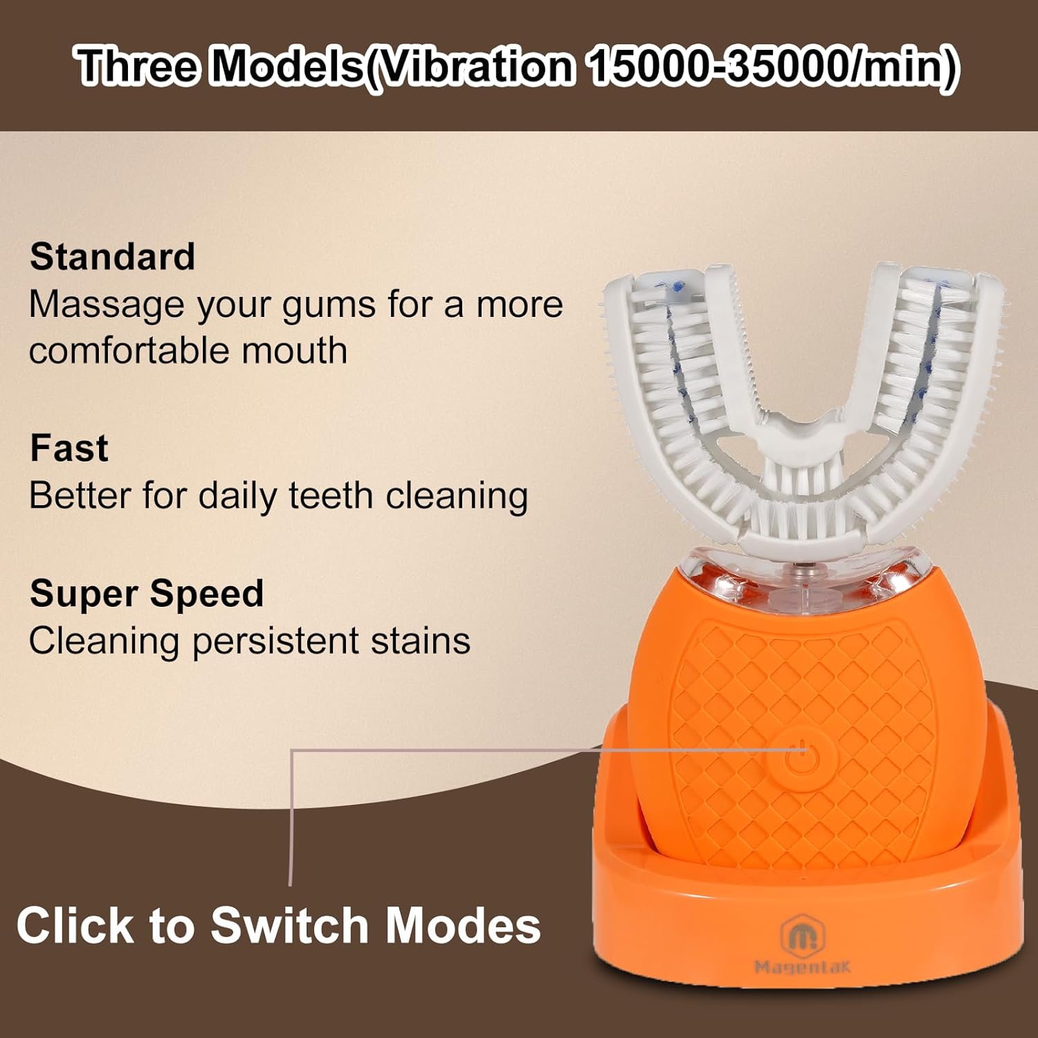 Electric U Shaped Toothbrush for Adult,360 Degree Automatic Cleaning, Ultrasonic Tooth Brush has 23760 Nylon Bristles and 3 Modes Standard, Fast, Ultra Fast(Orange)