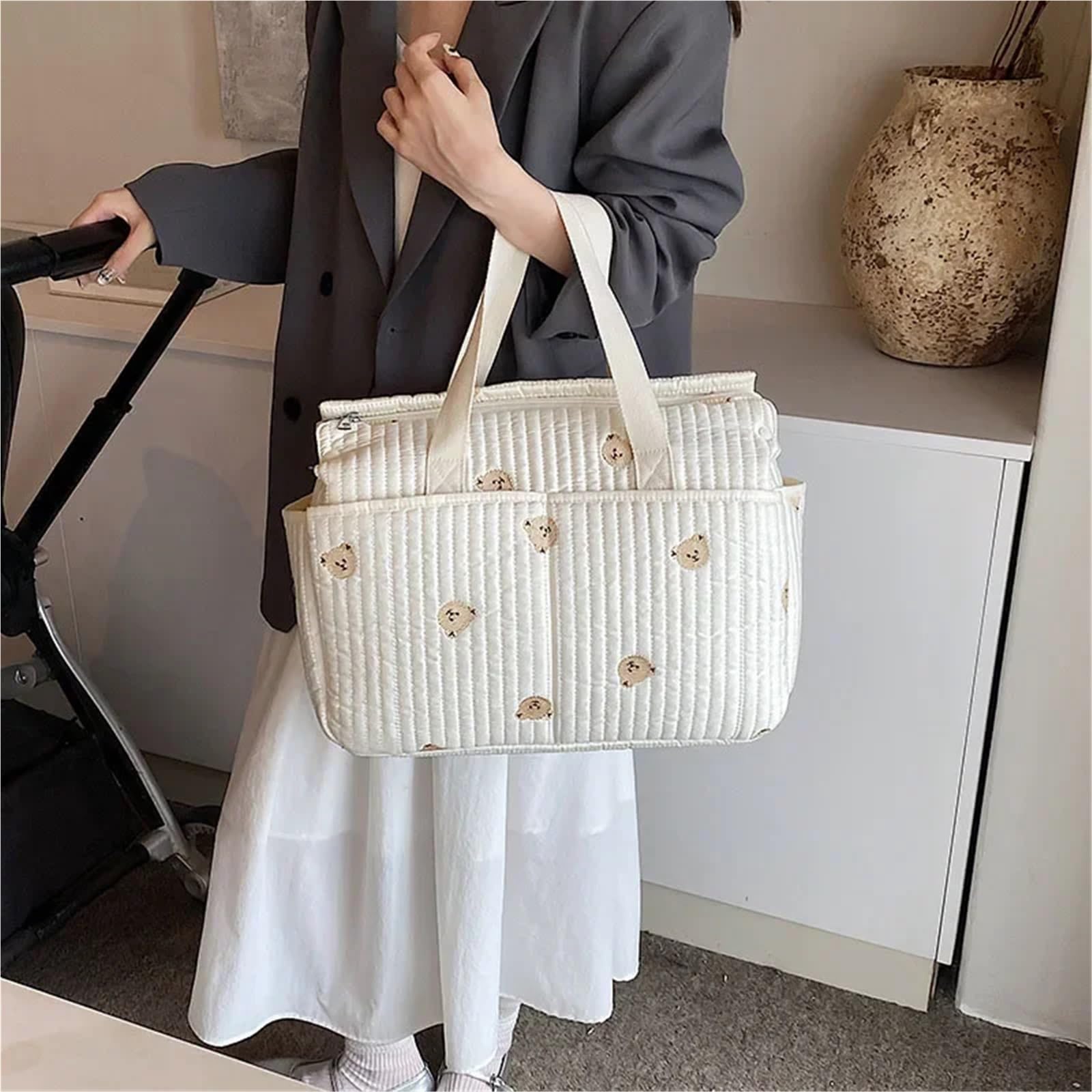 Wickeltasche Kinderwagen Tragbare Mama-Tasche, Handtasche mit hohem Fassungsvermögen, bestickte Bären-Mutter- und Kinder-Handtasche, Kinder-Flaschenwindel, Kinder-Kinderwagen-Tasche(Floral)