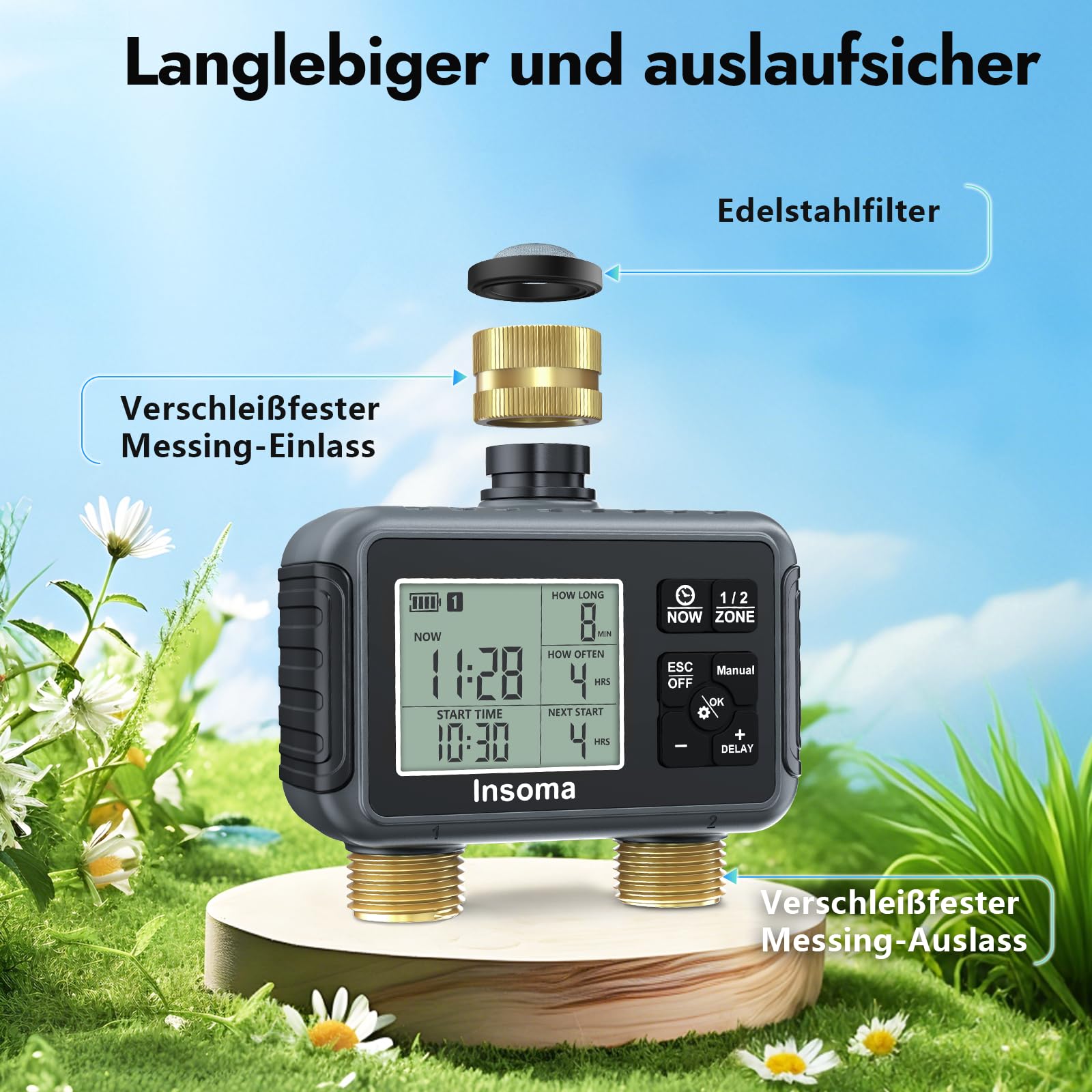 Insoma-Wasserzeitschaltuhr mit Messing-Einlass und -Auslass, 2 unabhängige Zonen, Außen-Schlauchzeitschaltuhr für Gartenwasserhahn mit Auto-/Manuell-/Regenverzögerungsmodus, Sprinkler-Bewässerungssteu