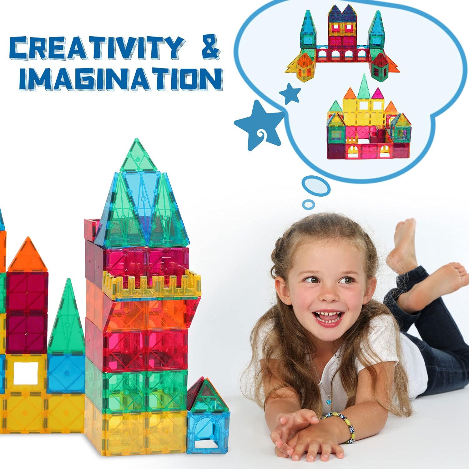 AFUNX 130 PCS Magnetic Tiles Building Blocks 3D Clear Magnetic Blocks Construction Playboards, Inspiration Building Tiles Creativity Beyond Imagination, Educational Magnet Toy Set for Kids with 2 Cars : Toys & Games