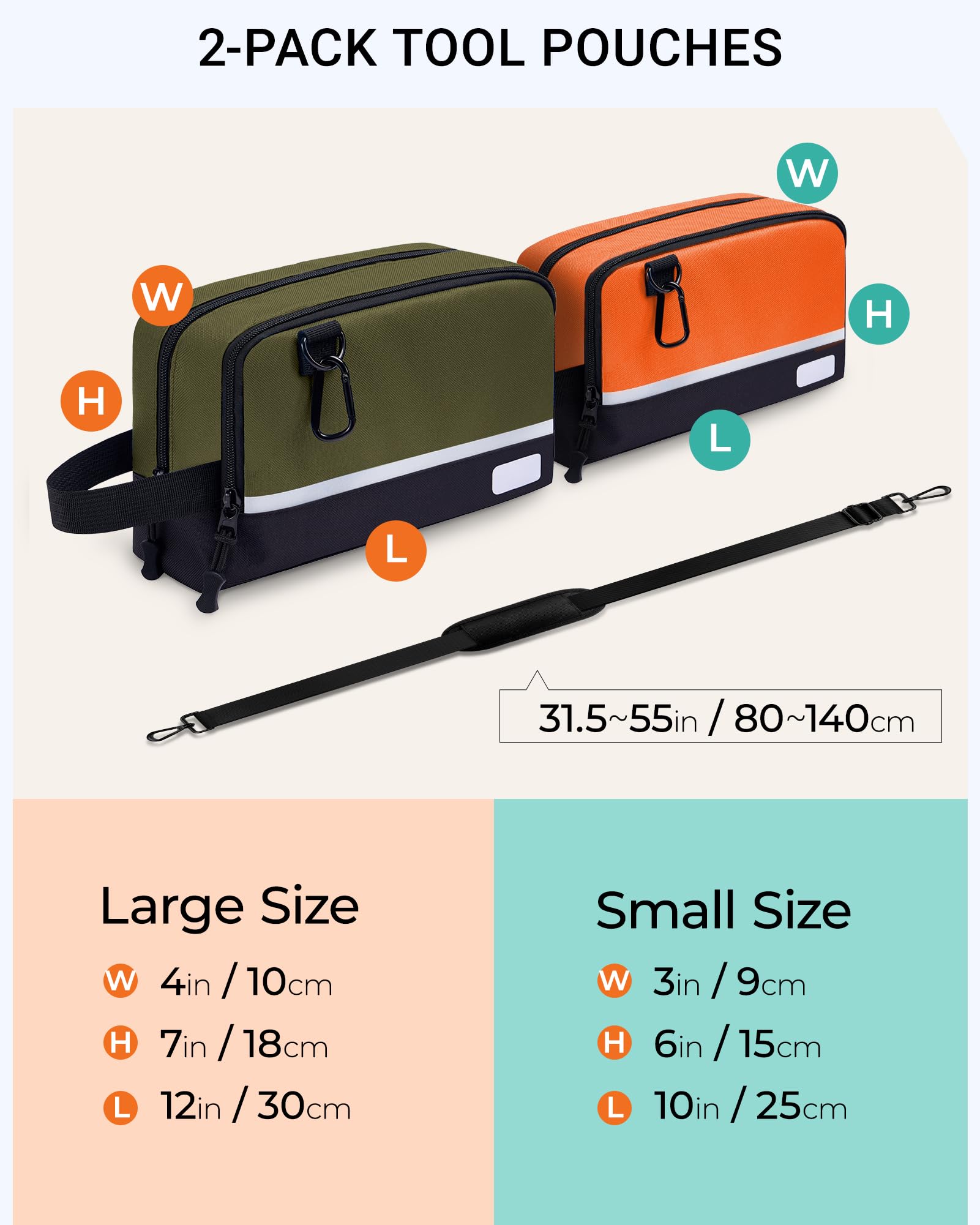 Lot de 2 sacs à outils – Organisateur multi-poches compact avec sangle réglable et mousqueton. Parfait pour ranger votre sac à outils. Zone d'étiquette incluse
