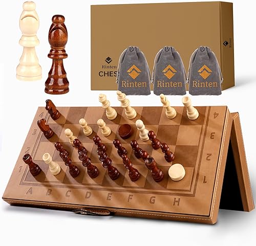 Miniatura 8 de Rinten Juego de ajedrez magnético 2 en 1 y juego de mesa de damas, tablero de ajedrez plegable hecho a mano de 15 pulgadas, juego de ajedrez