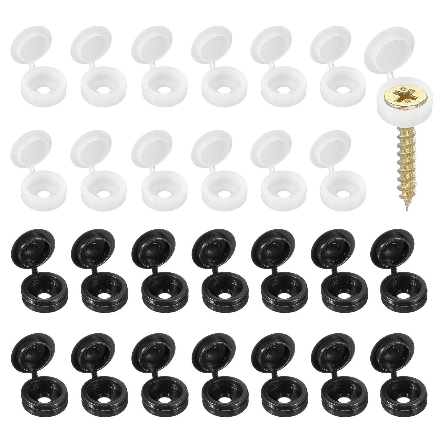 Screw Snap Covers, M4 Plastic Hinged Screw Cover Caps Shutter Screws Fold Snap Washer - Fitting for (Windows/Railings/Home Furniture/Cabinets), 4mm & 100 Pack & White, Black