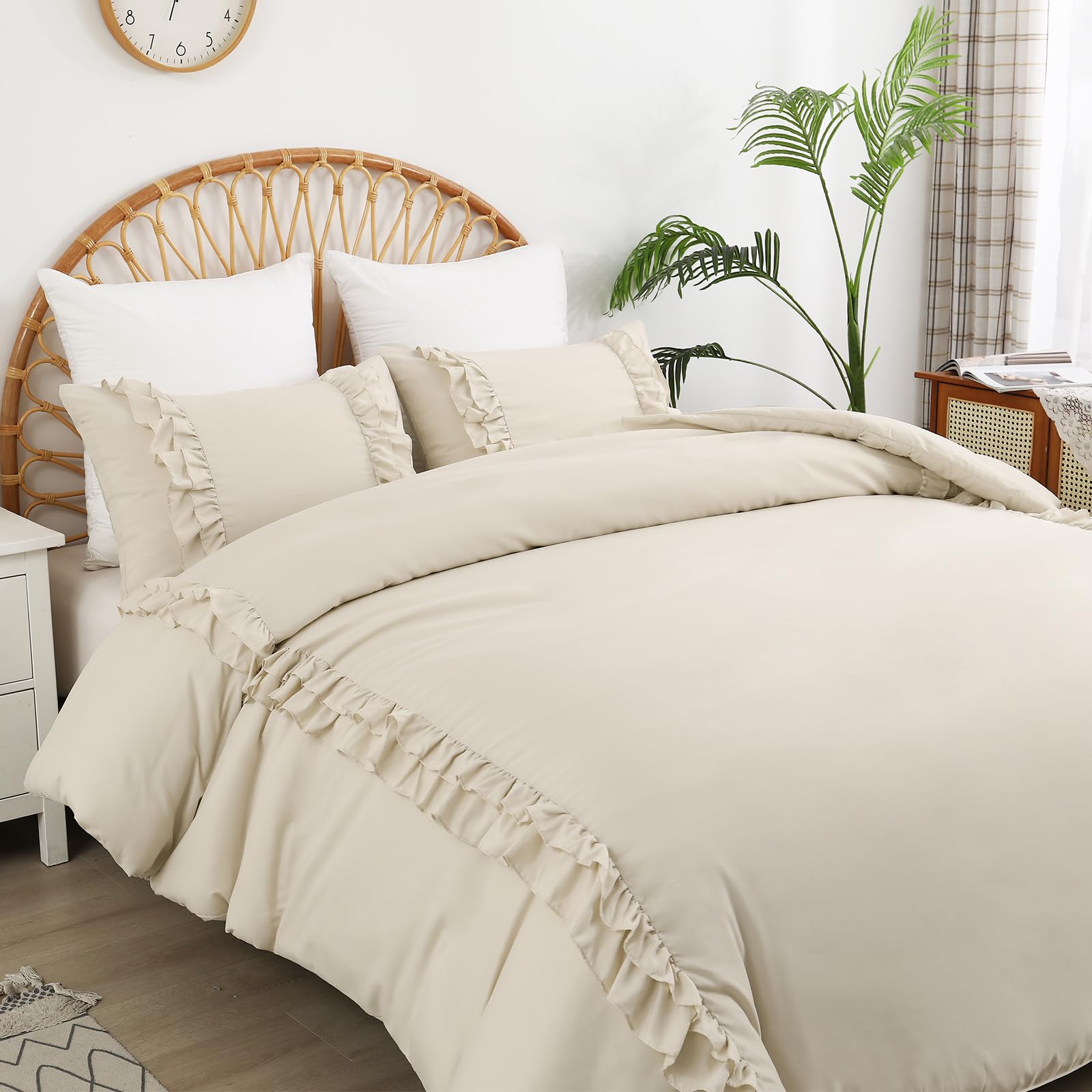 Fondream Ruffle Double Duvet Cover Beige Frills Bedding Set Farmhouse Ruffled Decor Soft Luxury Washed Microfiber with Zipper Closure for Teens and Adults (Beige