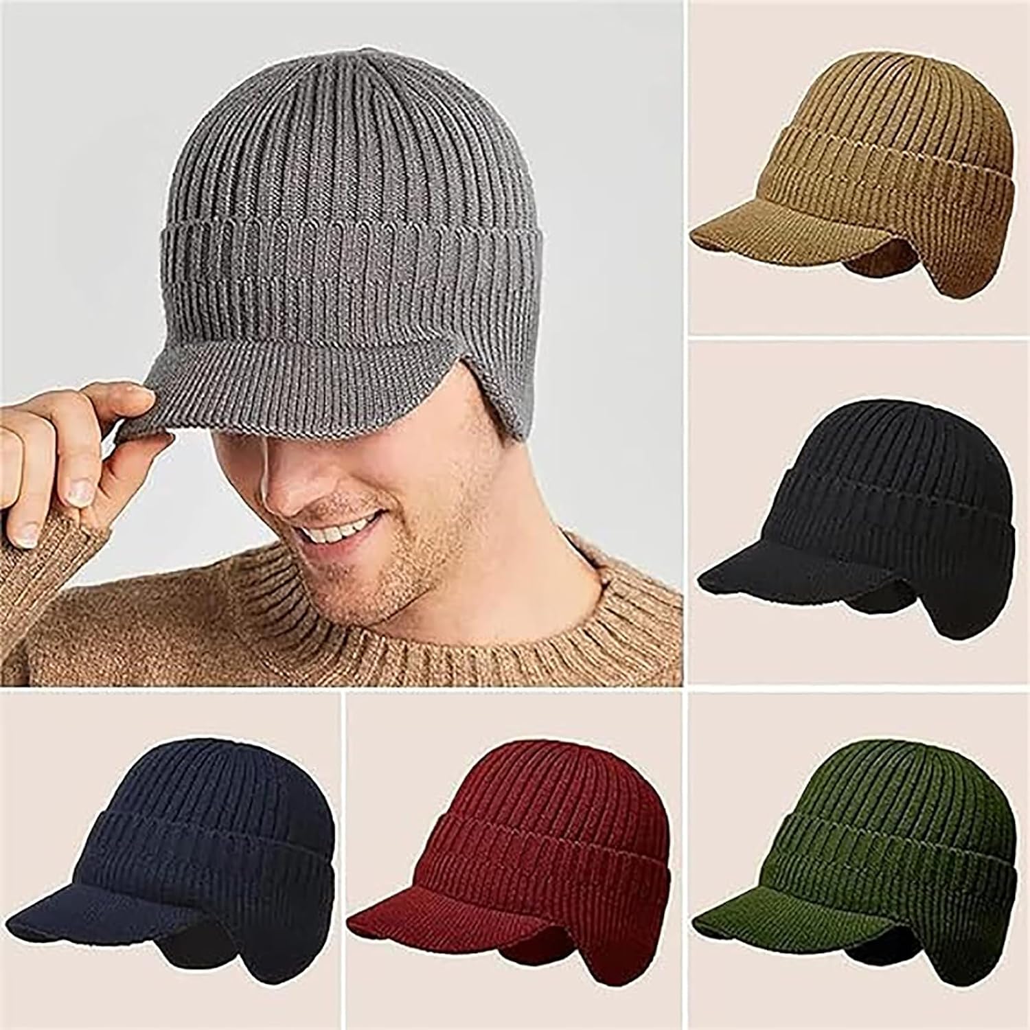 Winter Hat with Ear Flaps, Beanie with Brim, 3 in 1 Beanie Hat, Elastic Warm Ear Protection Knitted Hat