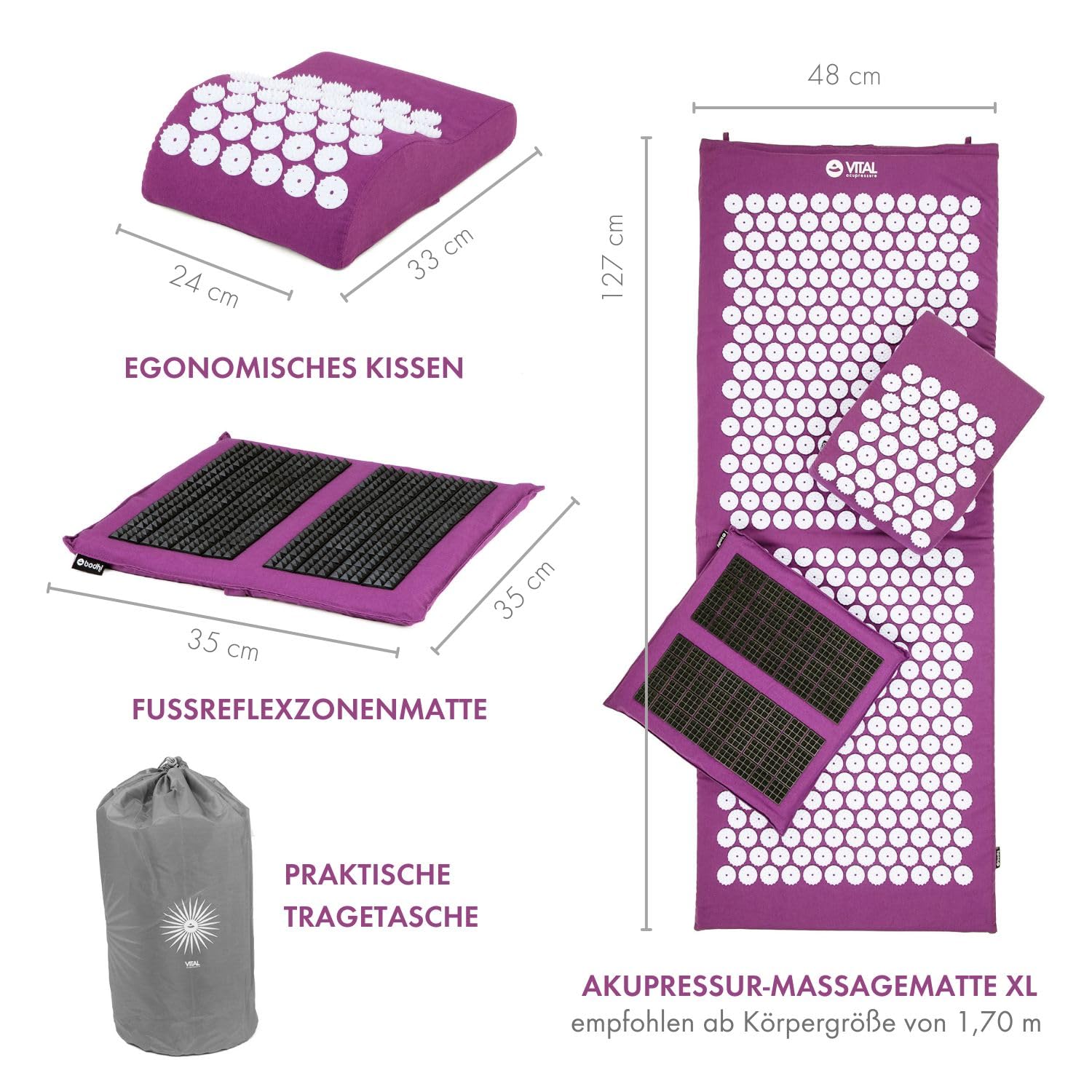 Bodhi VITAL Akupressurmatte XL Deluxe-Set Spiky | Massagematte im Set mit Nadelkissen, Fußmatte & Tasche | Selbstmassage für zu Hause | Fakirmatte gegen Nacken & Rückenschmerzen | aubergine