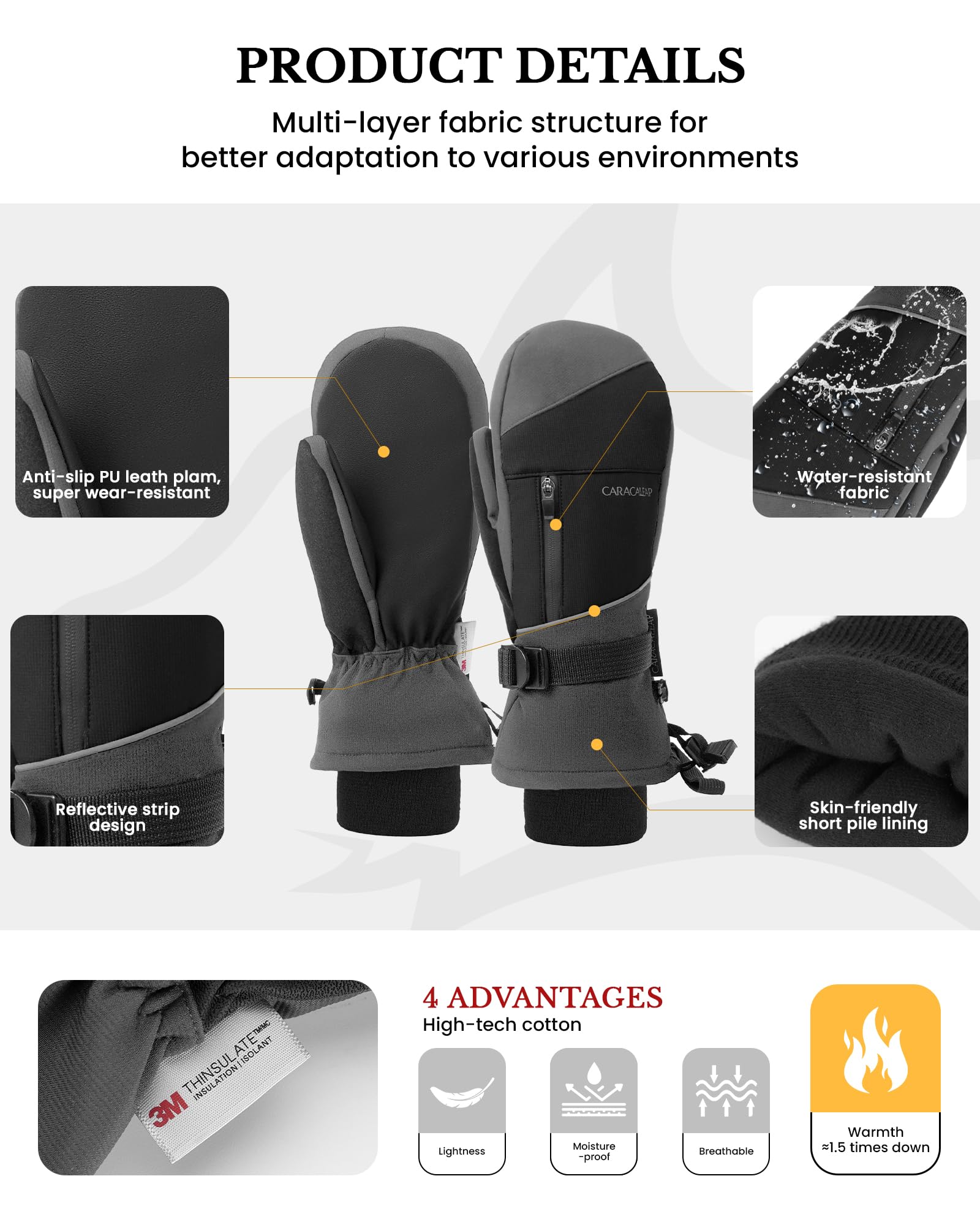 Caracaleap Snow Ski Mittens Waterproof Winter Gloves Men & Women Gray M-L