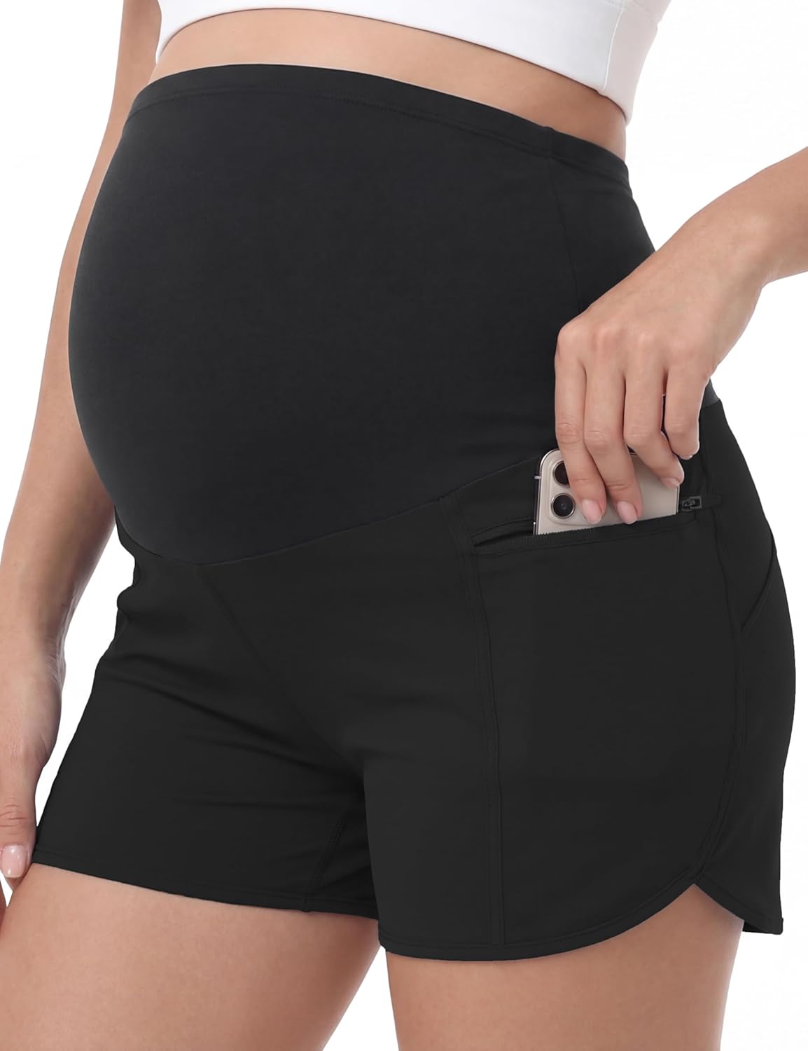Maternity Athletic Shorts Over Belly Workout Running Casual Active Summer Pregnancy Shorts with Zipper Pockets