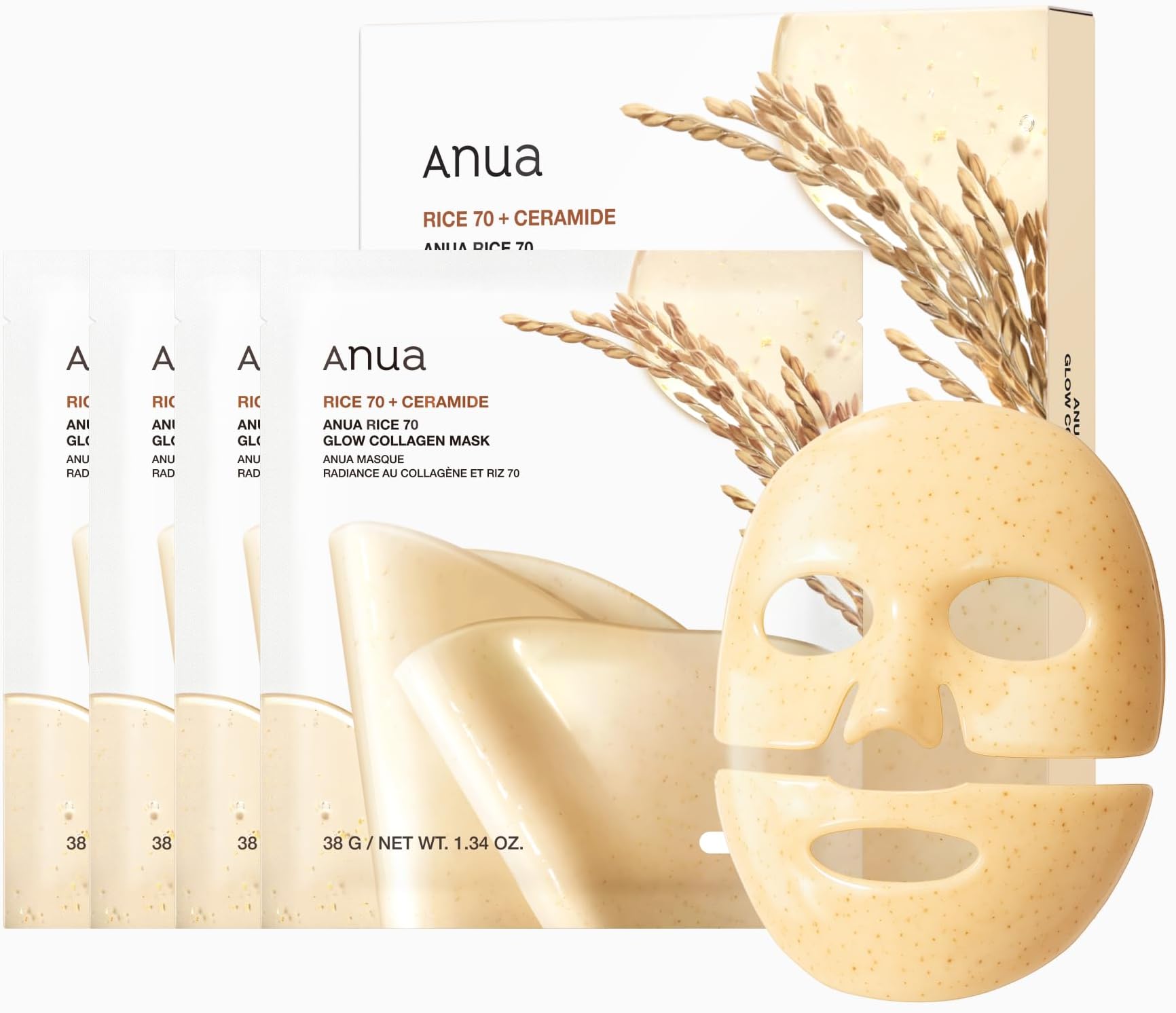 ANUA Rice 70 Glow Collagen Mask, Overnight Face Mask for Glass Skin, Ceramide, Collagen Facial Mask, Skin Moisture Barrier, Tightening Care, Natural Color, Korean Skincare, 1.34 oz/4ea