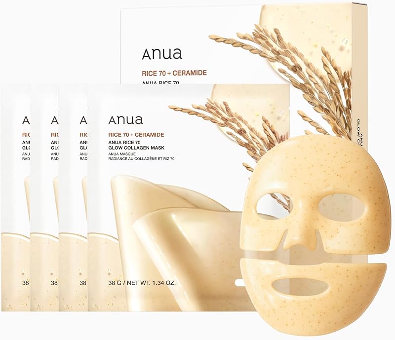 ANUA Rice 70 Glow Collagen Mask, 1.34 oz/4ea | Overnight Face Mask for Glass Skin, Ceramide, Collagen Facial Mask, Skin Moisture Barrier, Tightening Care, Natural Color