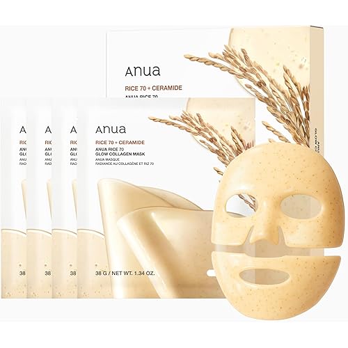 ANUA Rice 70 Glow Collagen Mask, Overnight Face Mask for Glass Skin, Ceramide, Collagen Facial Mask, Skin Moisture Barrier, Tightening Care, Natural Color, Korean Skin Care (38g, 4ea)