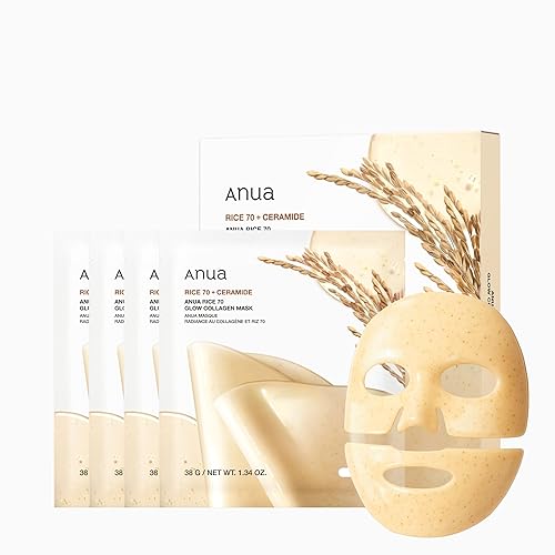 ANUA Rice 70 Glow Collagen Mask, Overnight Face Mask for Glass Skin, Ceramide, Collagen Facial Mask, Skin Moisture Barrier, Tightening Care, Natural Color, Korean Skin Care (38g, 4ea) - Rice