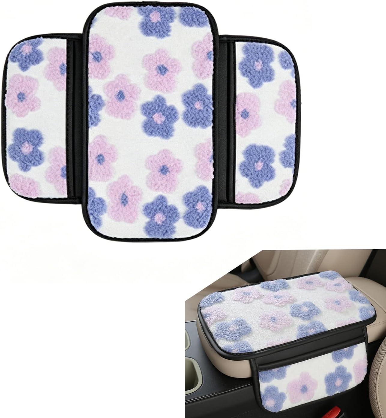 Fluffy Car Armrest Cover with Side Pockets, Cute Flower-Decorated Armrest Box Protective Cover, Plush Comfortable Center Console Elbow Rest Pad, for Most Cars (Purple)