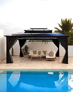 Hardtop Gazebo 12'x16' for All Weather, Double Polycarbonate Sheets Roof, Aluminum Alloy Frame, Net, and Curtain, Permanent Building for Patio, Deck, Backyard, Lawn, and Garden, Gray